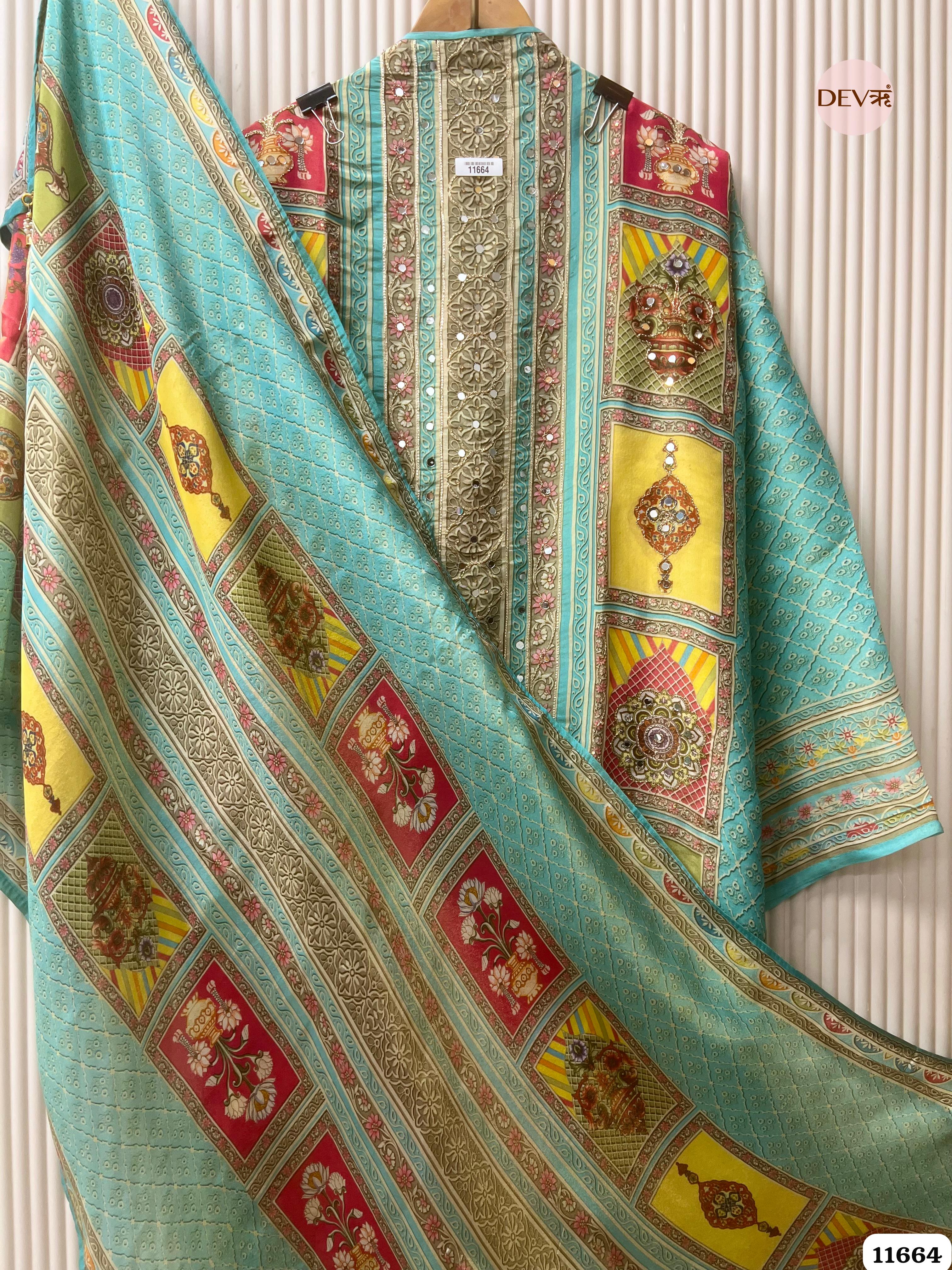 Green Tissue Silk Unstitched Printed Hand Embroidered -Set Of 3 {11664}