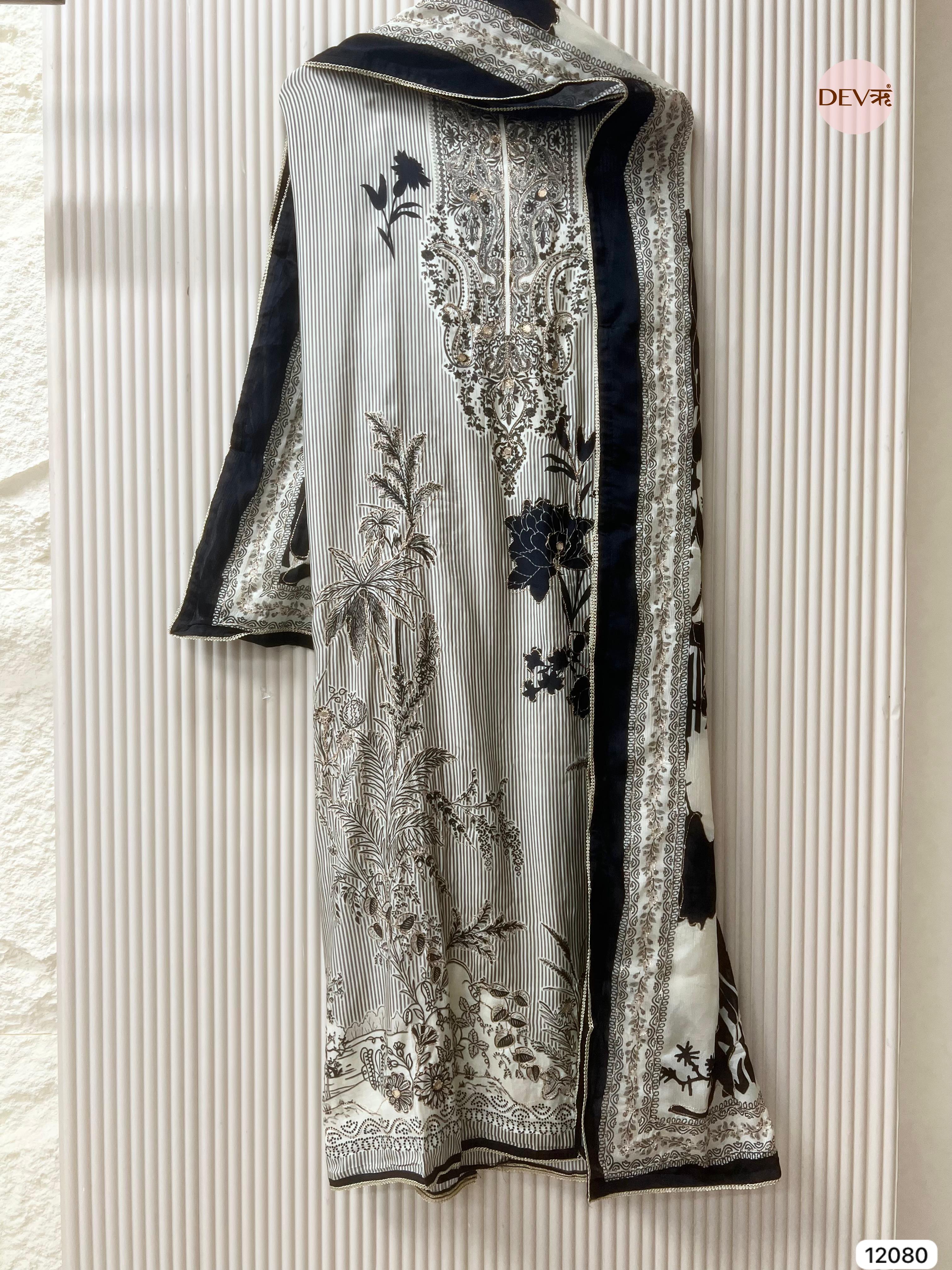 Black & White Pure Muslin Unstitched Printed With Hand Zardosi Embroidery -Set Of 3 - {12080}