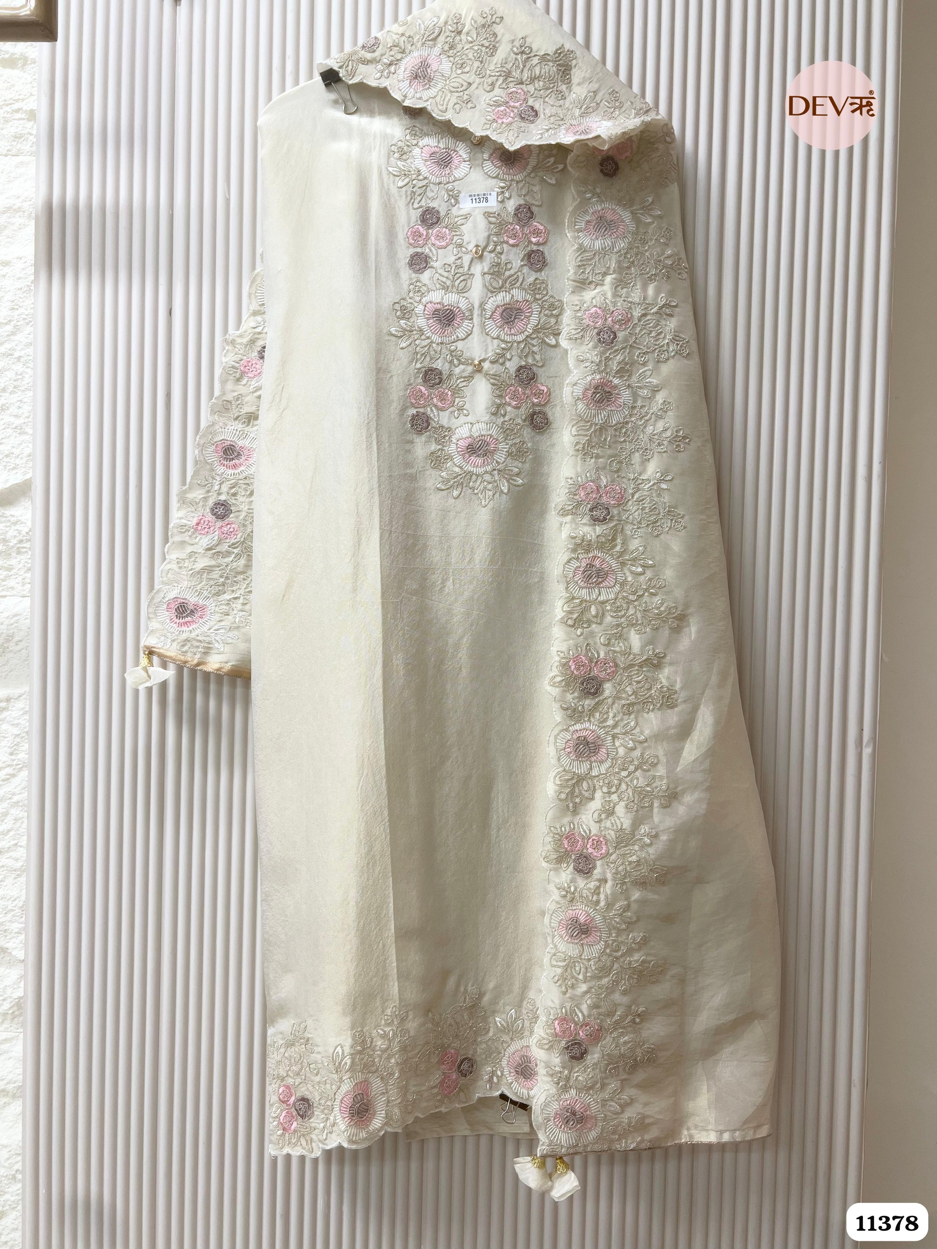 White Tissue Silk Unstitched Embroidered -Set Of 3 {11378}