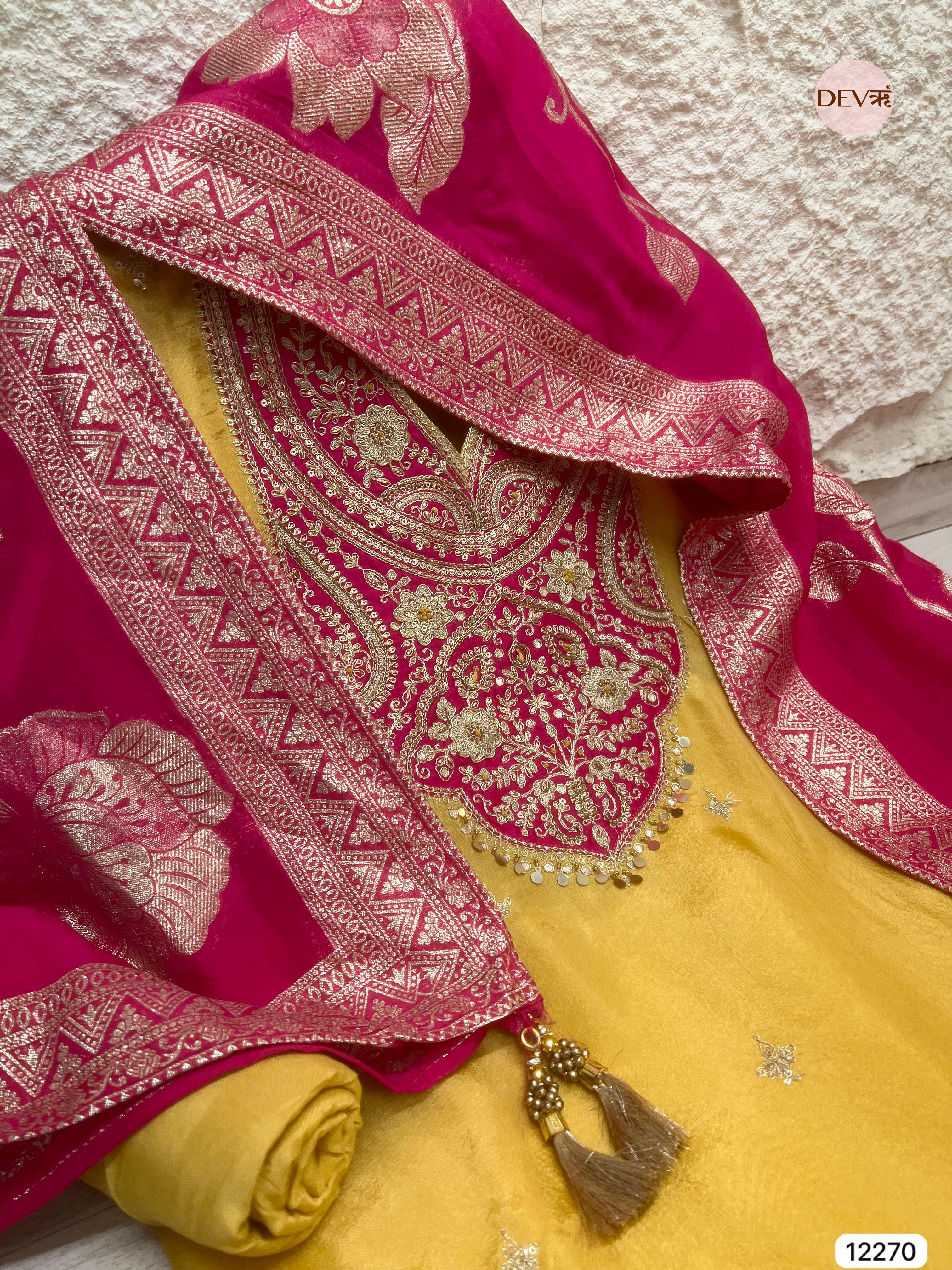 Yellow Shimmer Silk Embroidered Unstitched 3-Piece Suit (Devri – D.No 12270)