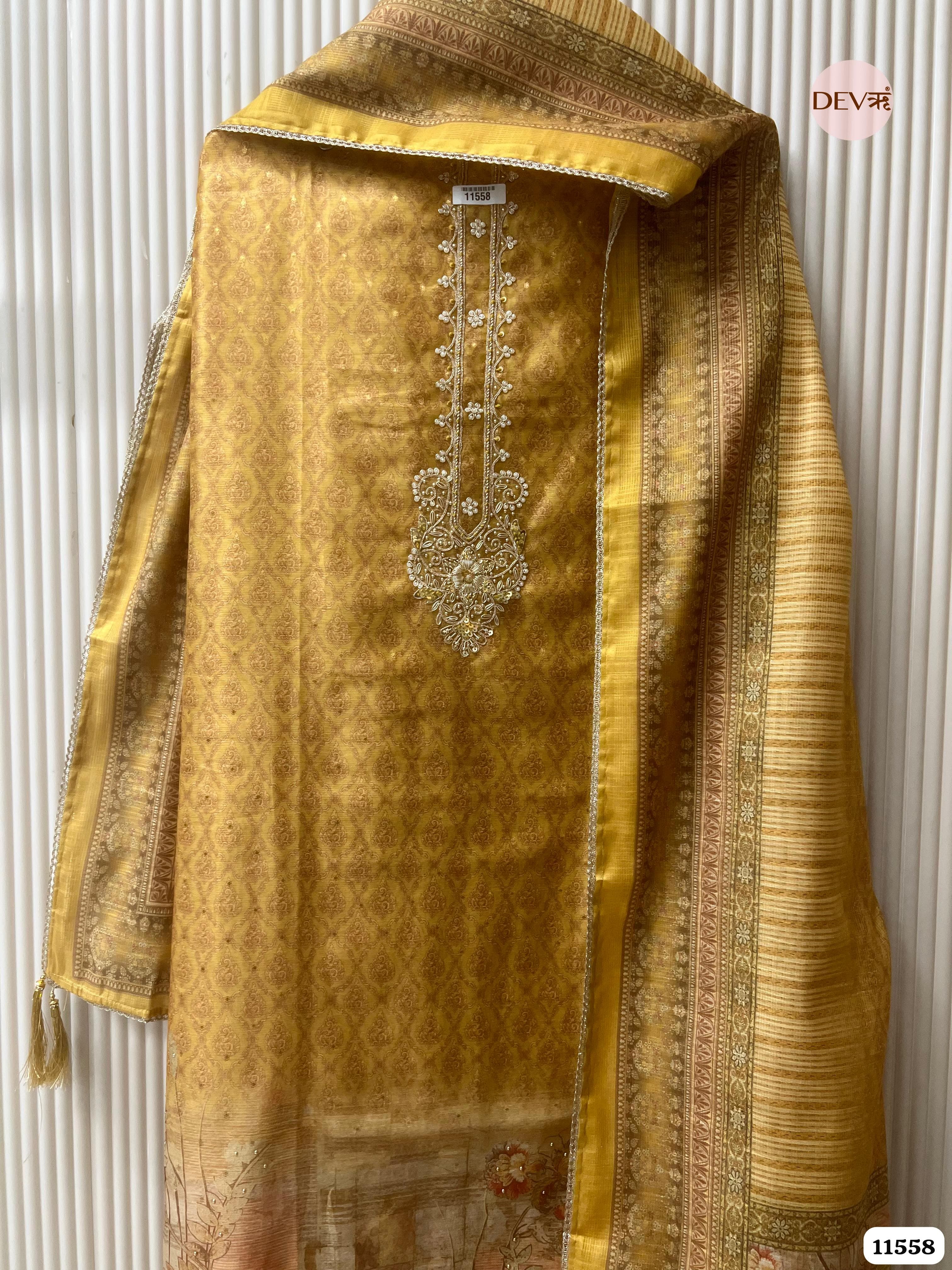 yellow/golden Pure Dola Silk Unstitched Printed Hand Embroidered -Set Of 3 {11558}