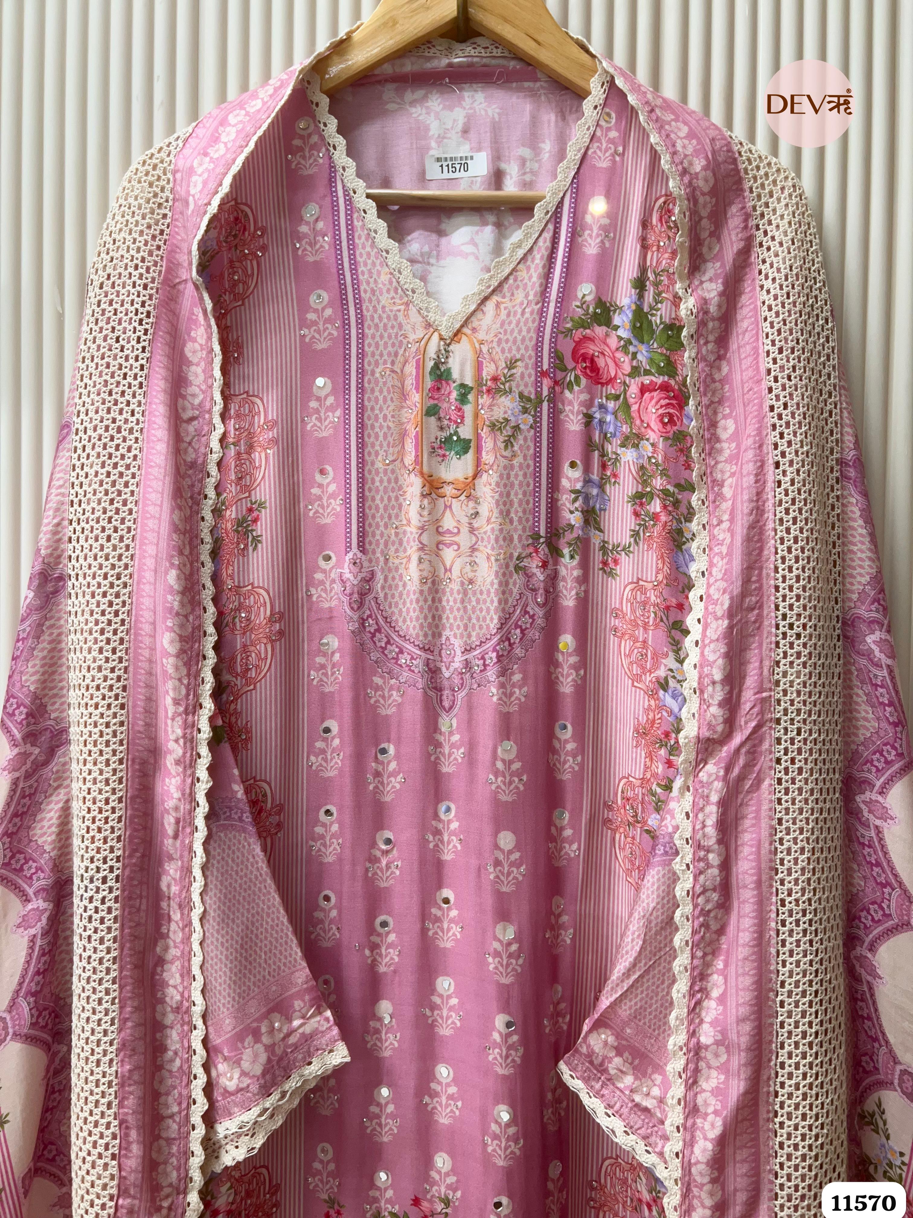 Pink Muslin Printed Semi Stitched Hand Embroidered -Set Of 3 {11570}