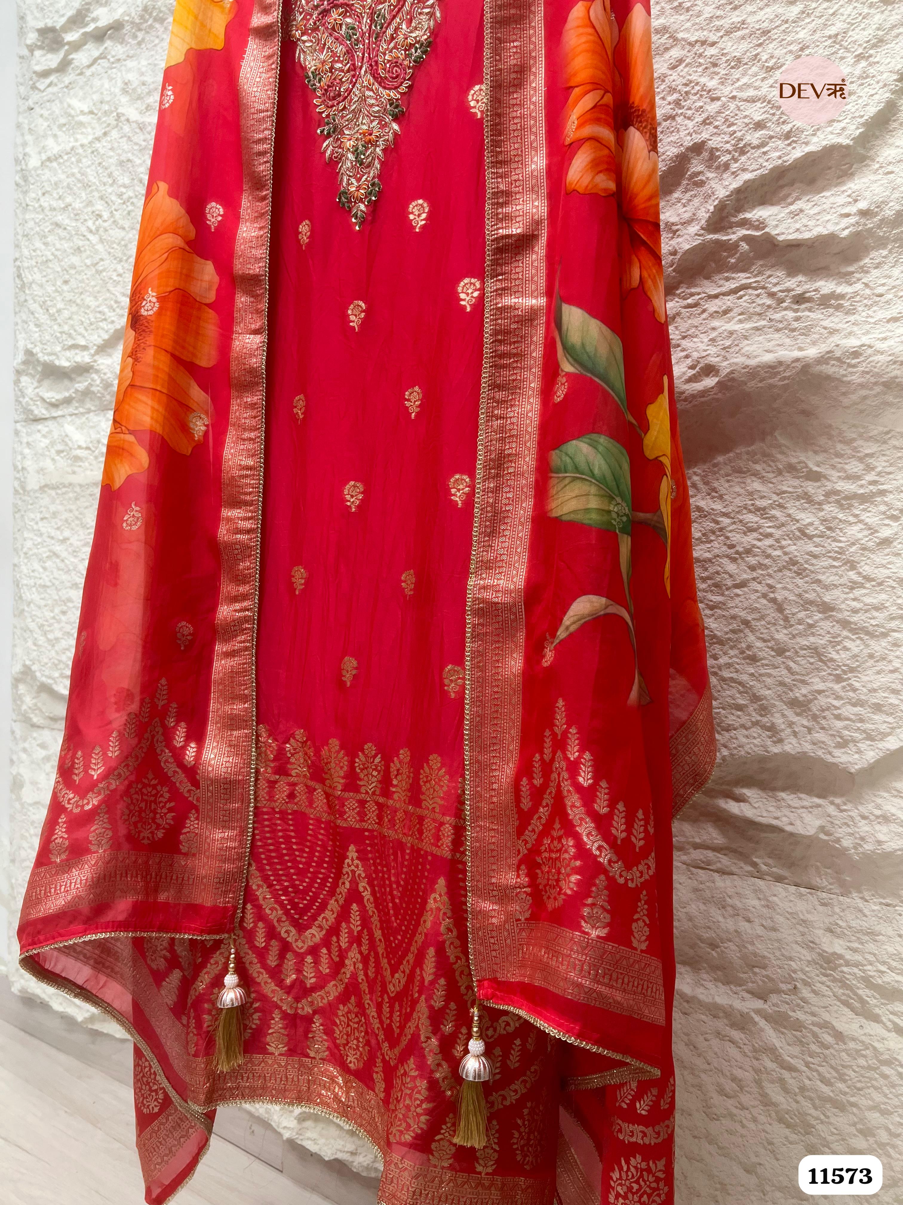 Red Pure Organza Silk Unstitched Banarasi Weave Hand Embroidered -Set Of 3 {11573}