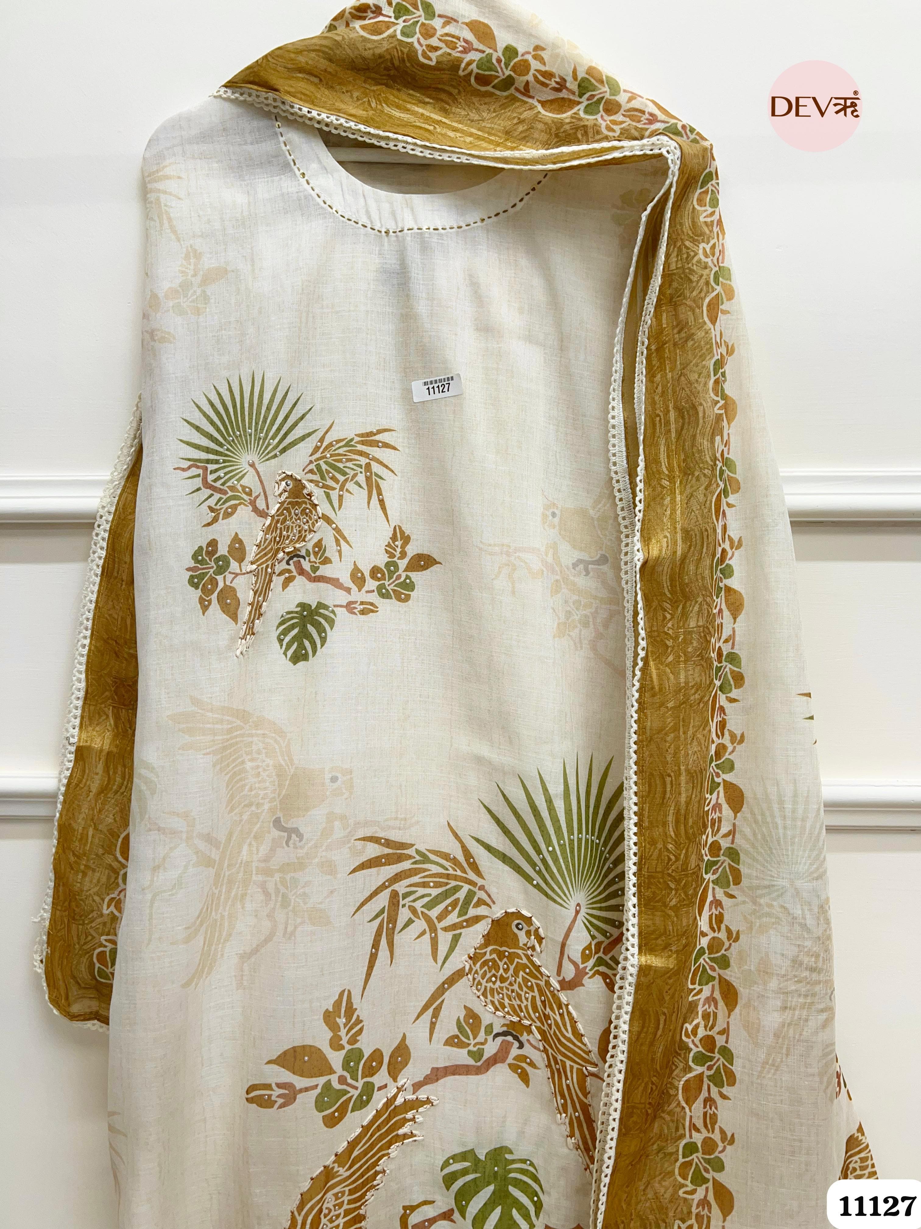 White Linen Unstitched Printed Embroidered -Set Of 3 {11127}