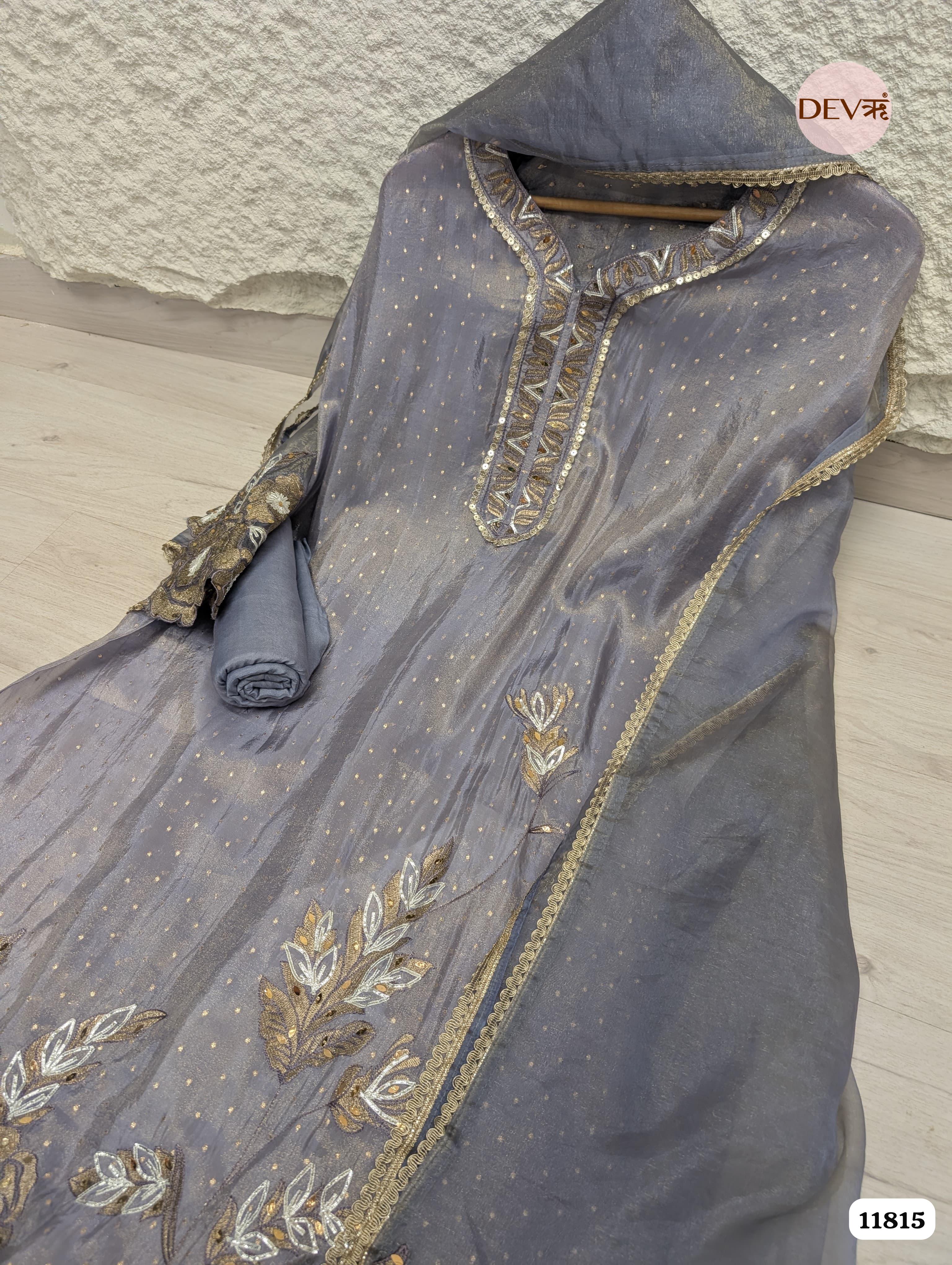 Grey Blue Tissue Silk Woven Unstitched Embroidered -Set Of 3 {11815}