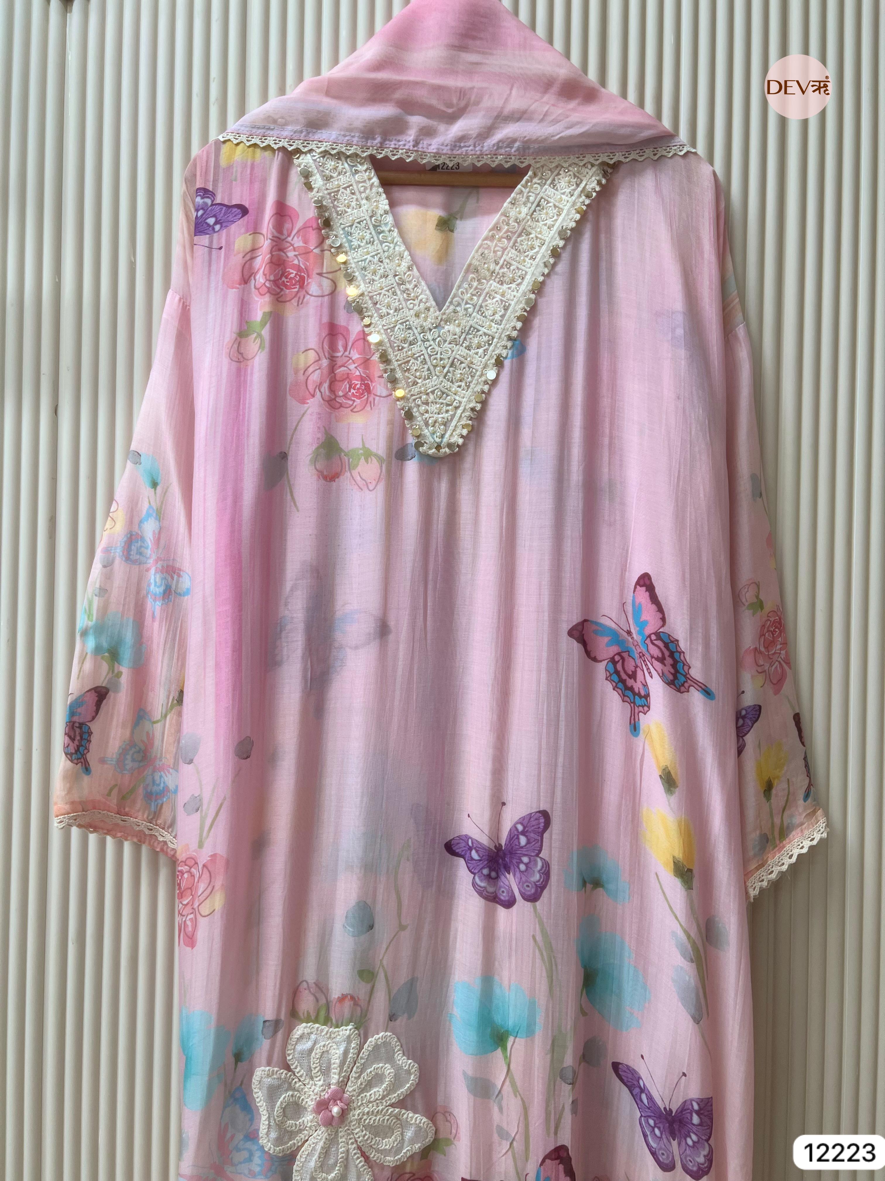 Soft Pink Mul Chanderi Butterfly Printed Unstitched 3-Piece Suit (Devri – D.No 12223)