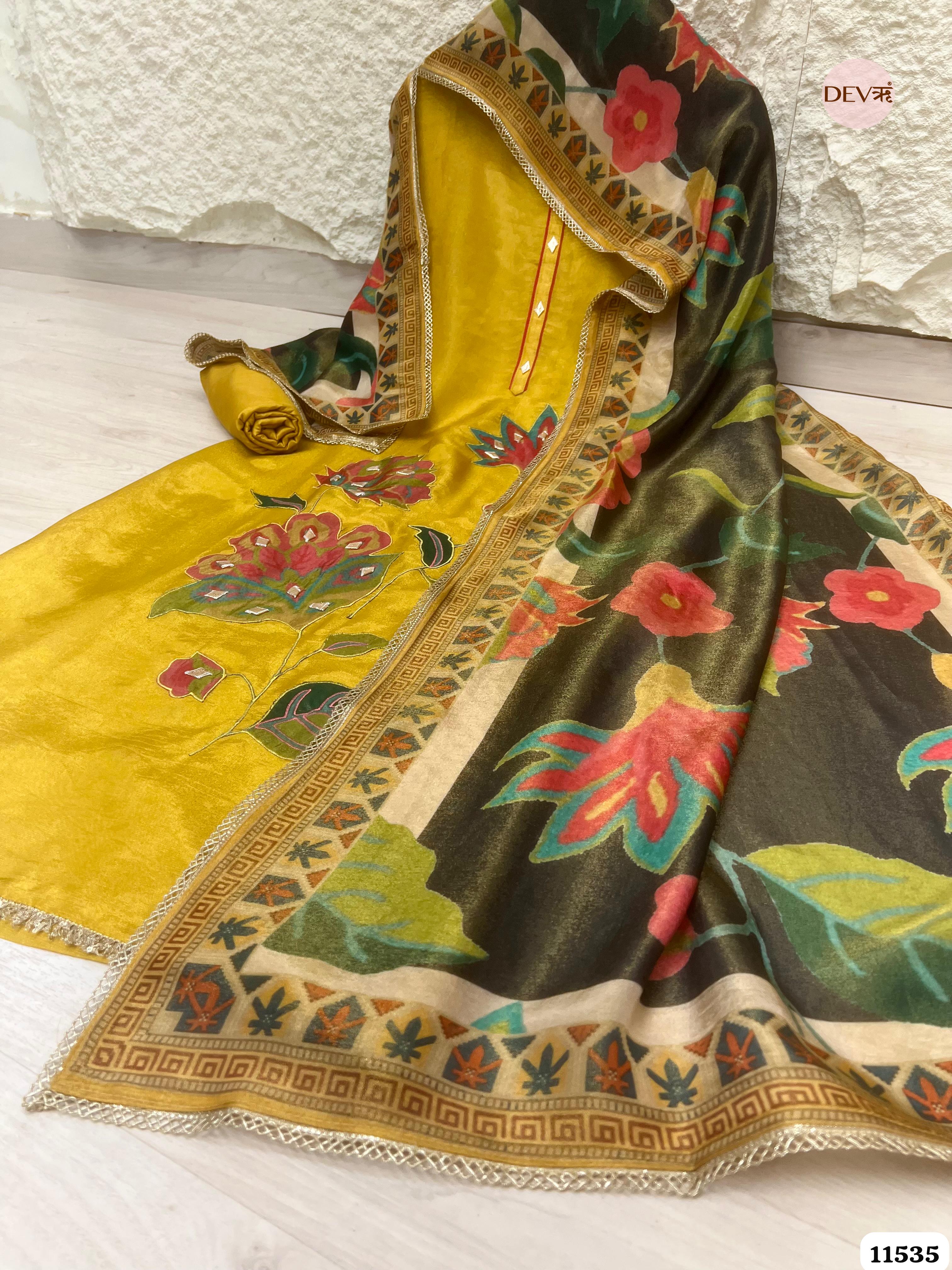 Yellow Tissue Silk Unstitched Applique Work Hand Embroidered -Set Of 3 {11535}