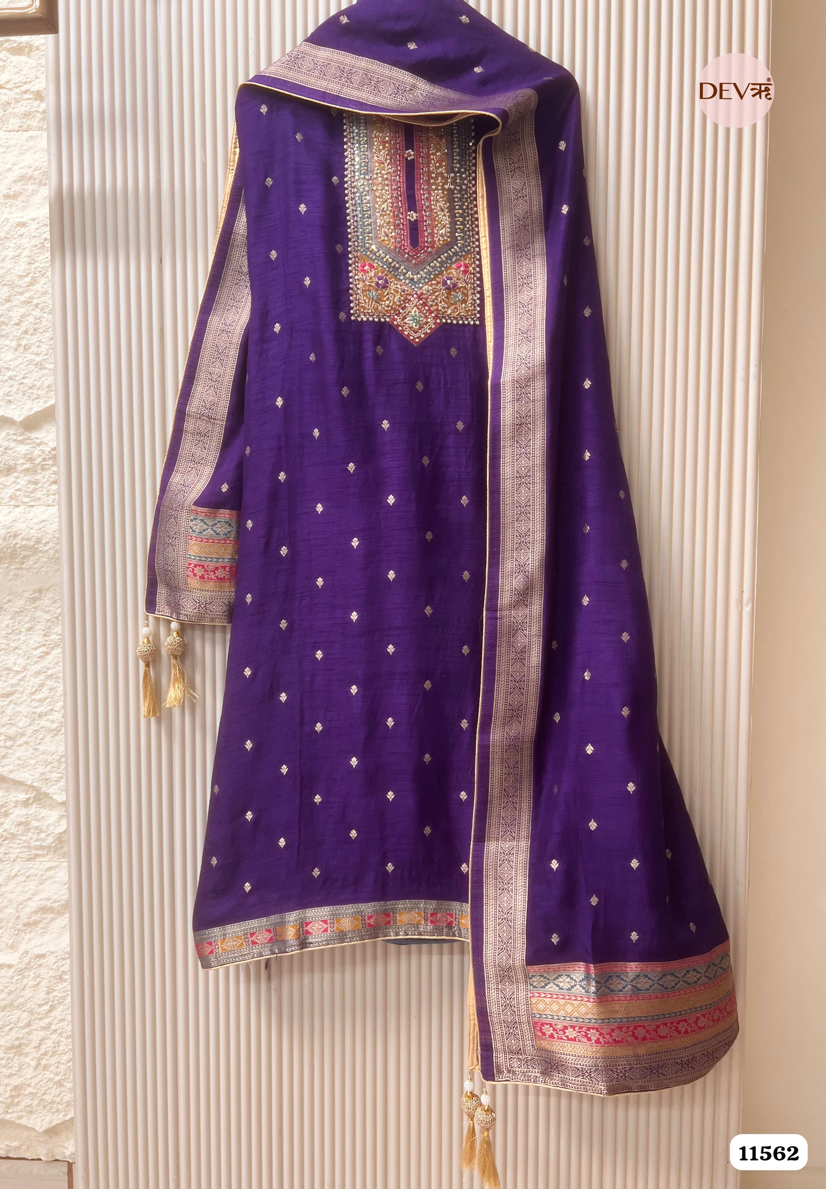 Purple Pure Russian silk Woven Unstitched Hand Embroidered -Set Of 3 {11562}
