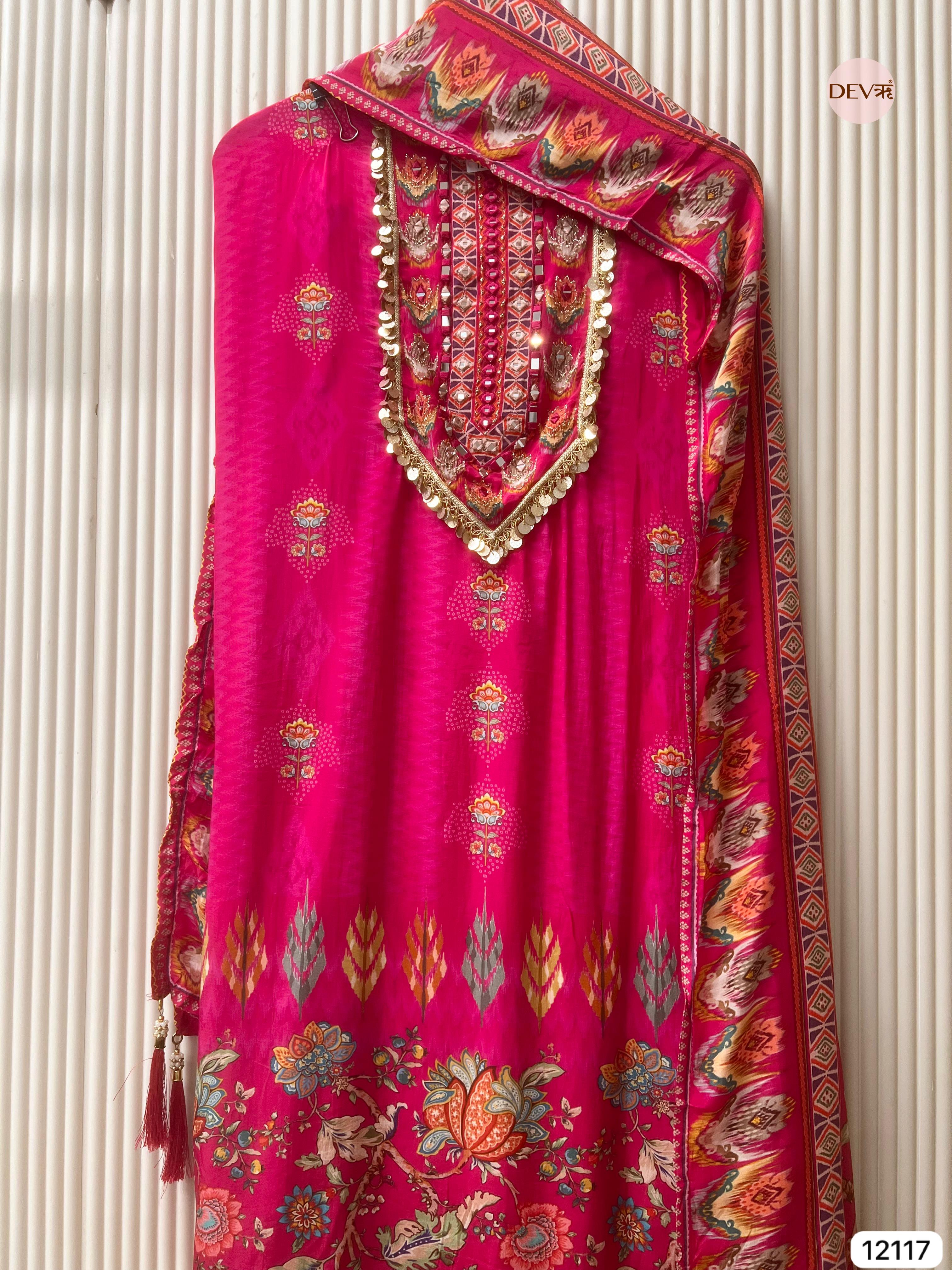 Pink Pure Natural Crepe Unstitched Printed Hand Embroidered - Set Of 3 - {12117}