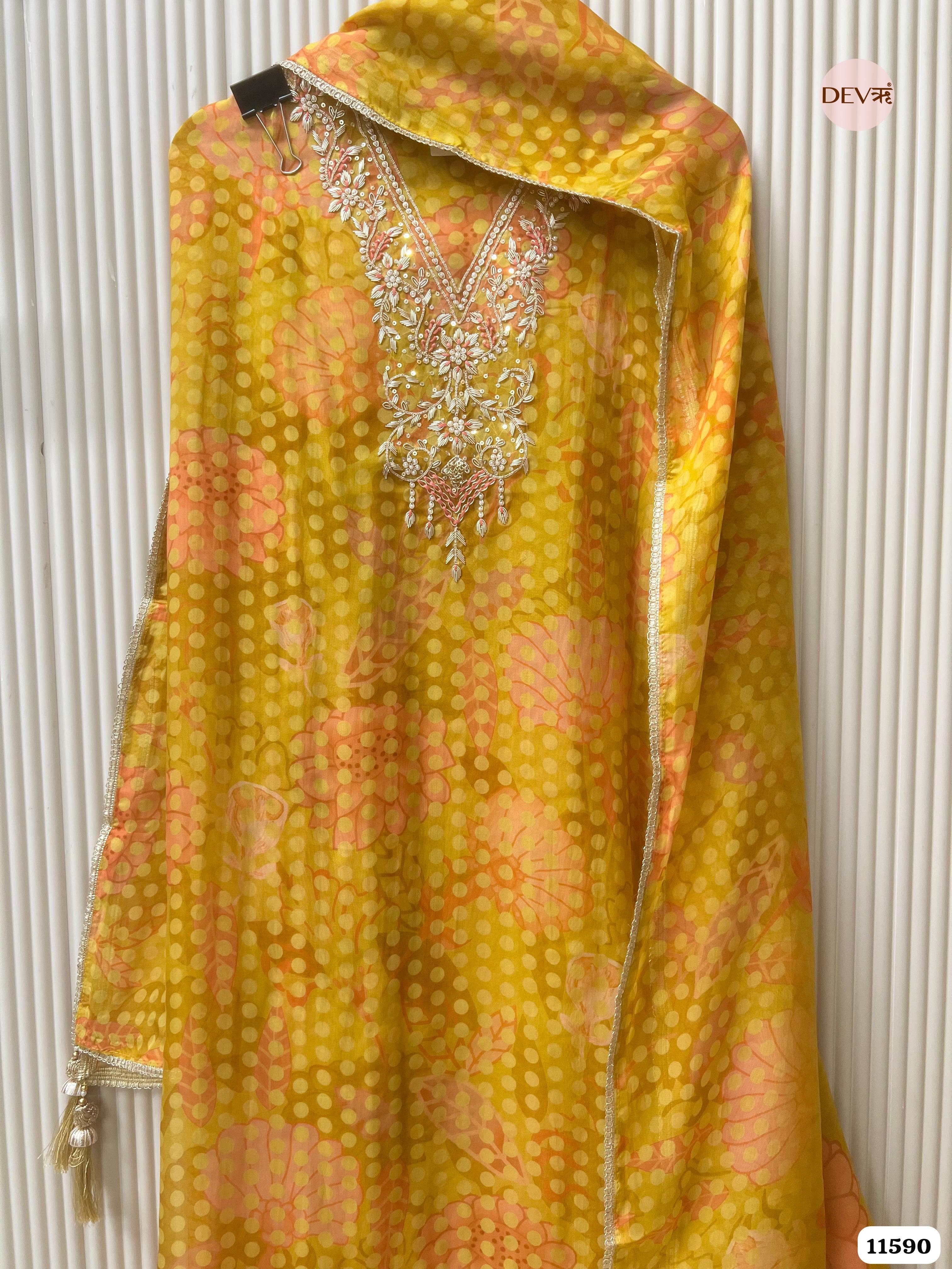 Yellow Pure Organza Printed Hand Embroidered -Set Of 3