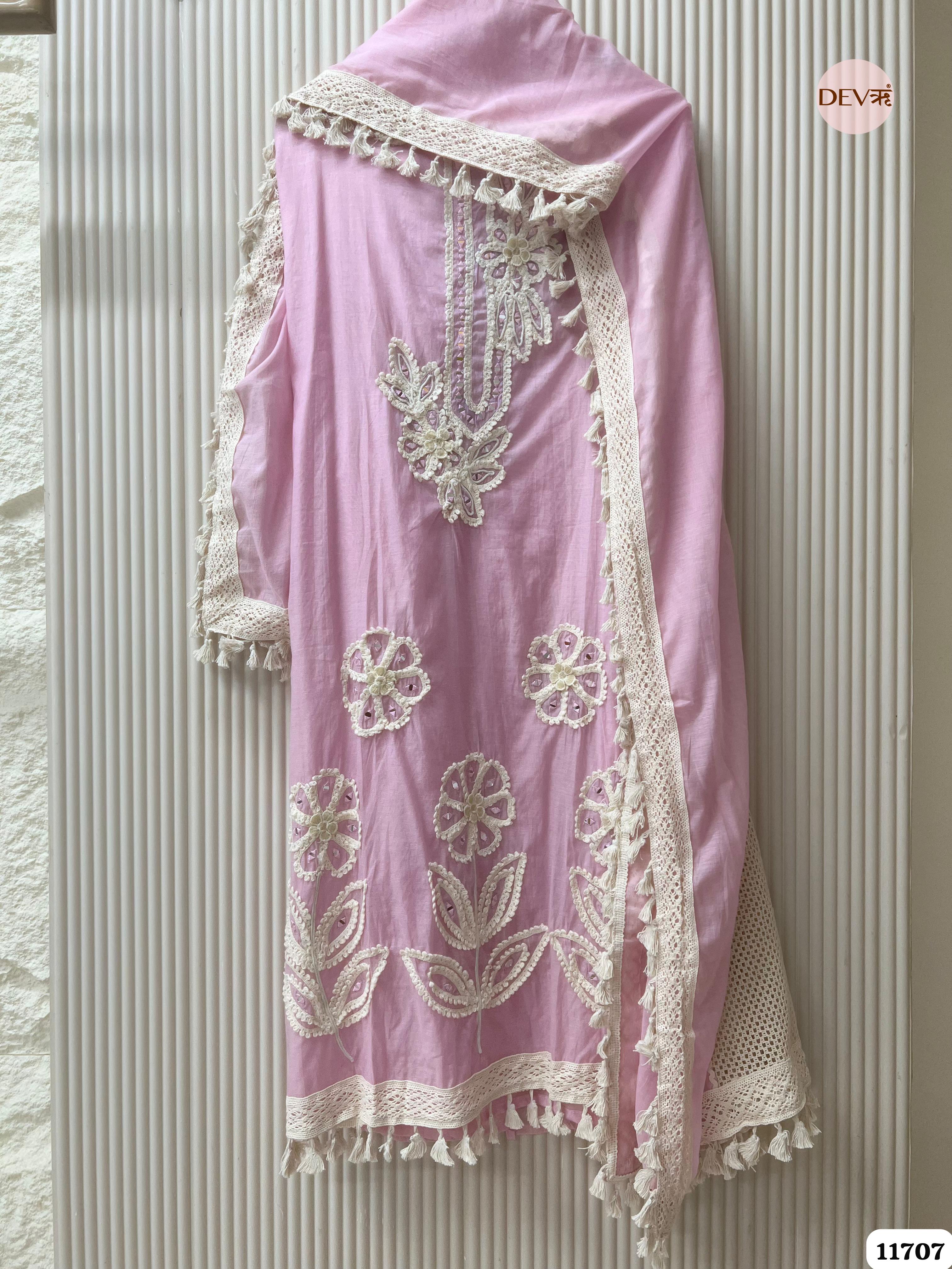 Pink Mul Chanderi Unstitched Hand Embroidered -Set Of 3 {11707}