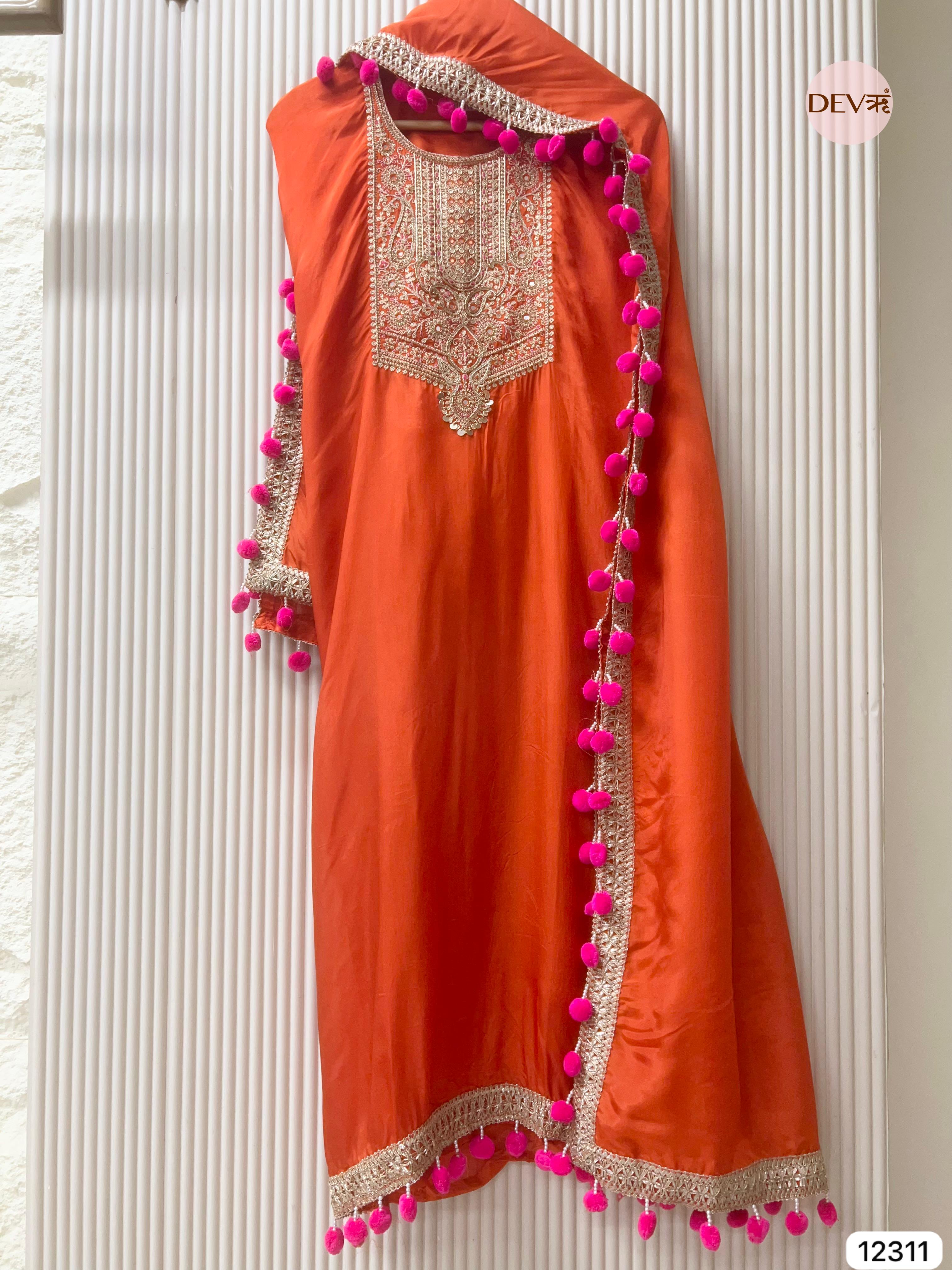 Orange Glass Organza Embroidered Unstitched 3-Piece Suit (Devri – D.No 12311)