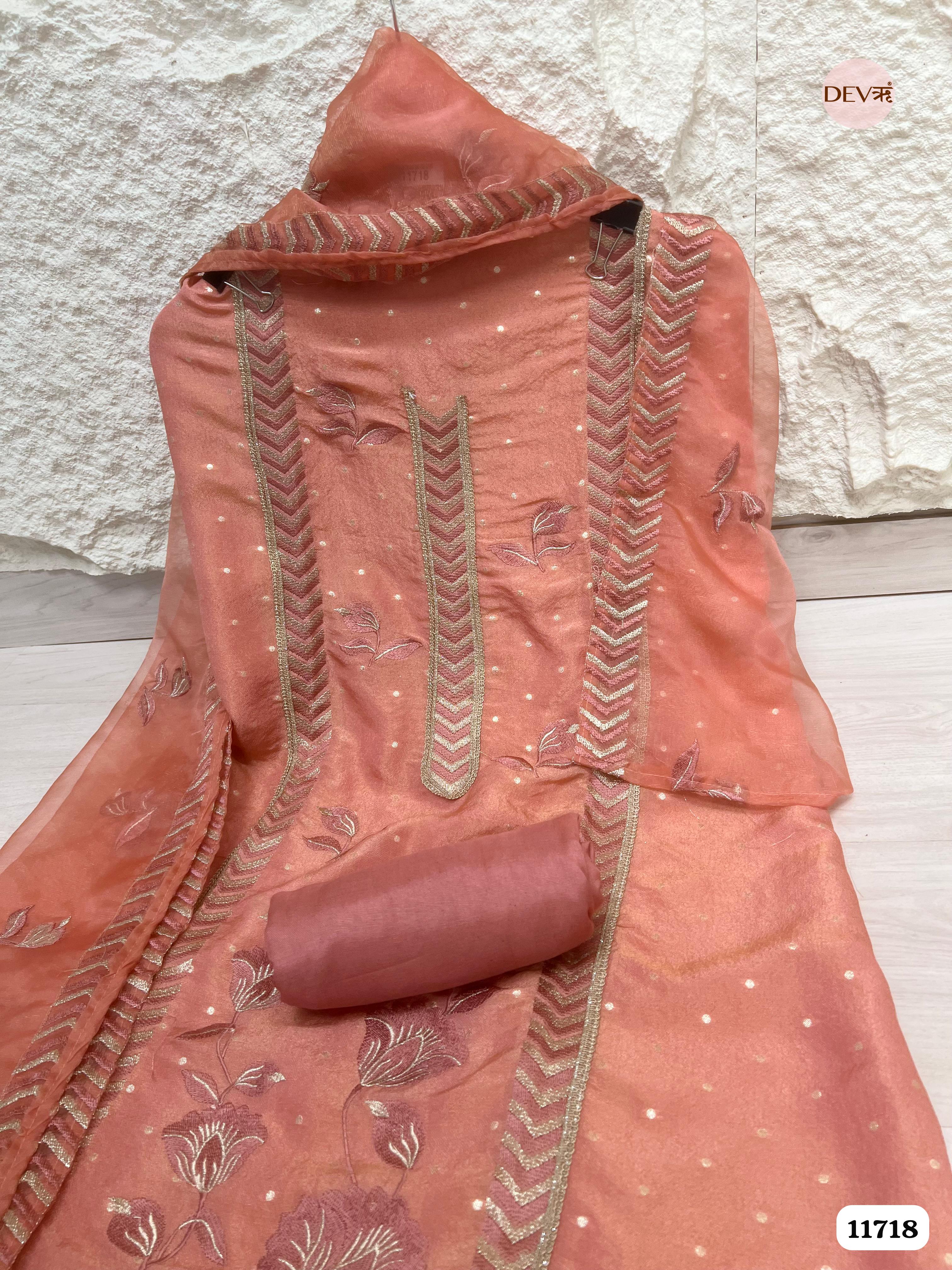Orange Rust Tissue Shimmer Unstitched Embroidered -Set Of 3 {11718}