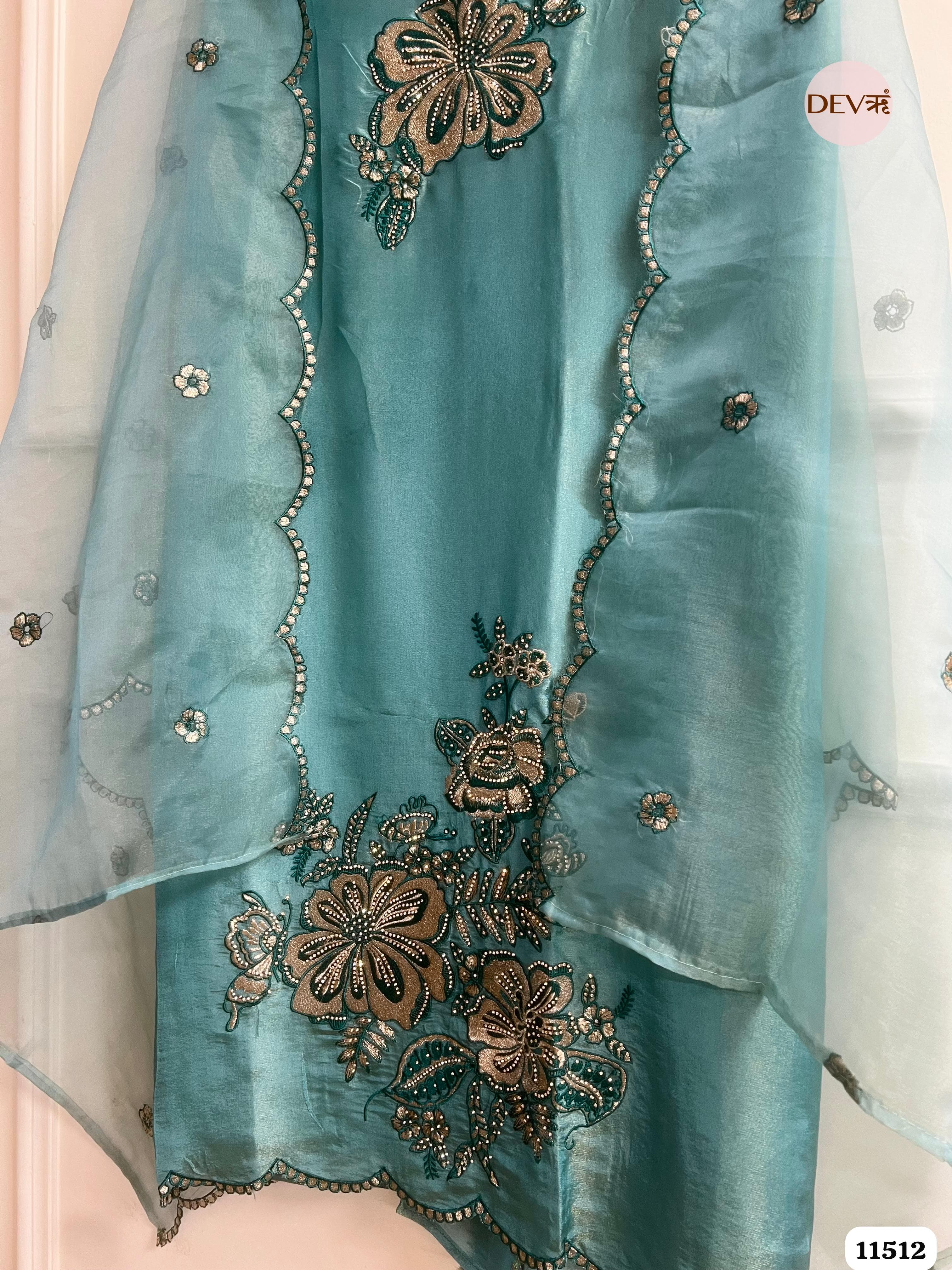 Firoza Blue or Sea Green Tissue Silk Unstitched Hand Embroidered -Set Of 3 {11512}