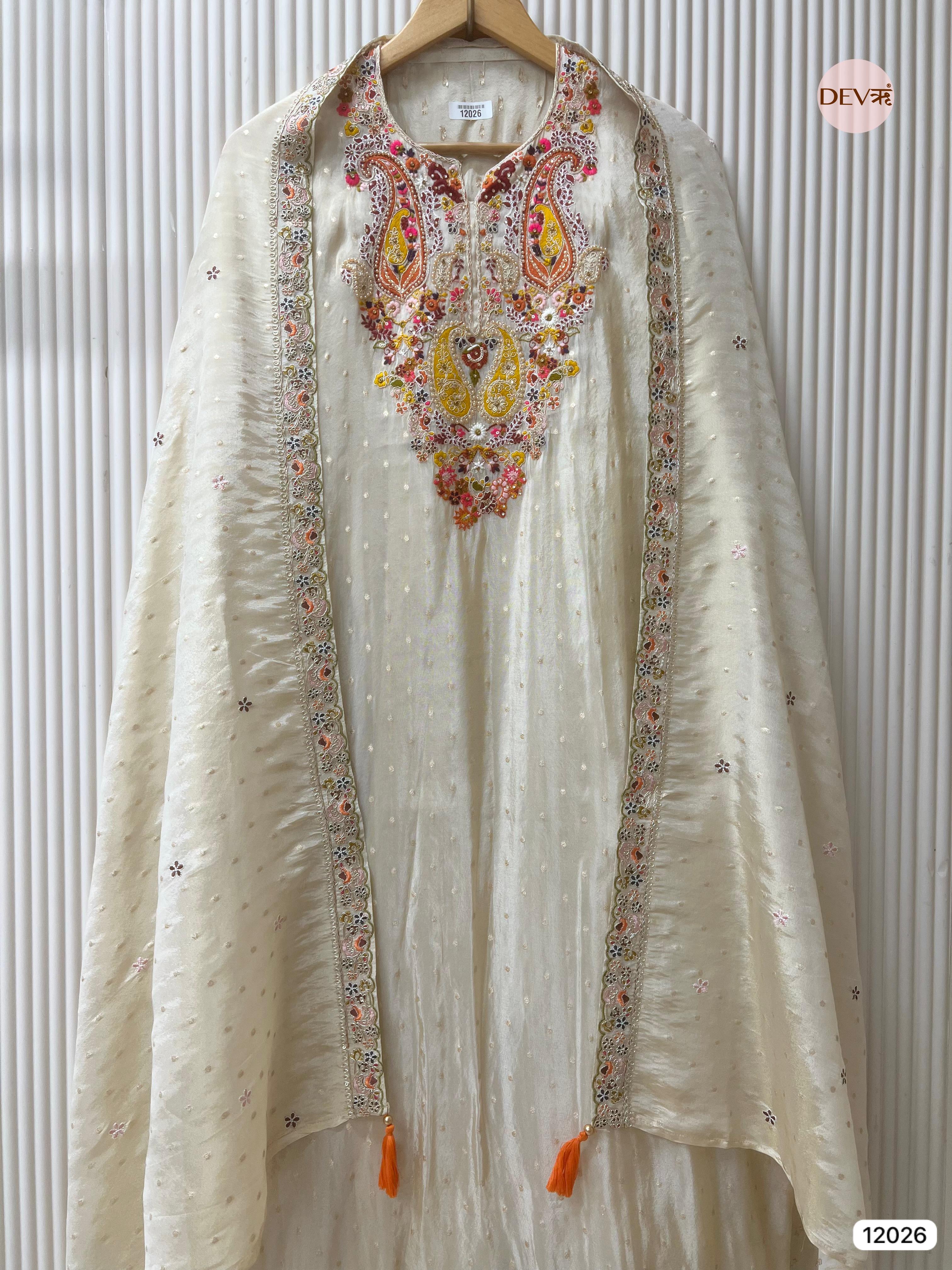 Cream Colour Tissue Shimmer Silk Unstitched Embroidered -Set Of 3 - {12026}