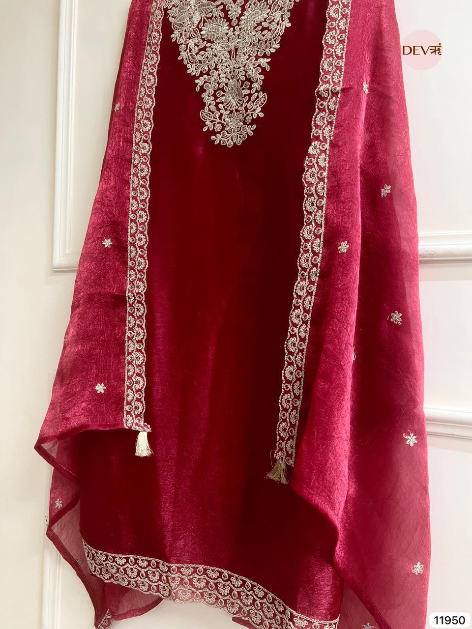 Maroon Crush Tissue Embroidered Unstitched 3-Piece Suit (Devri – D.No 11950)