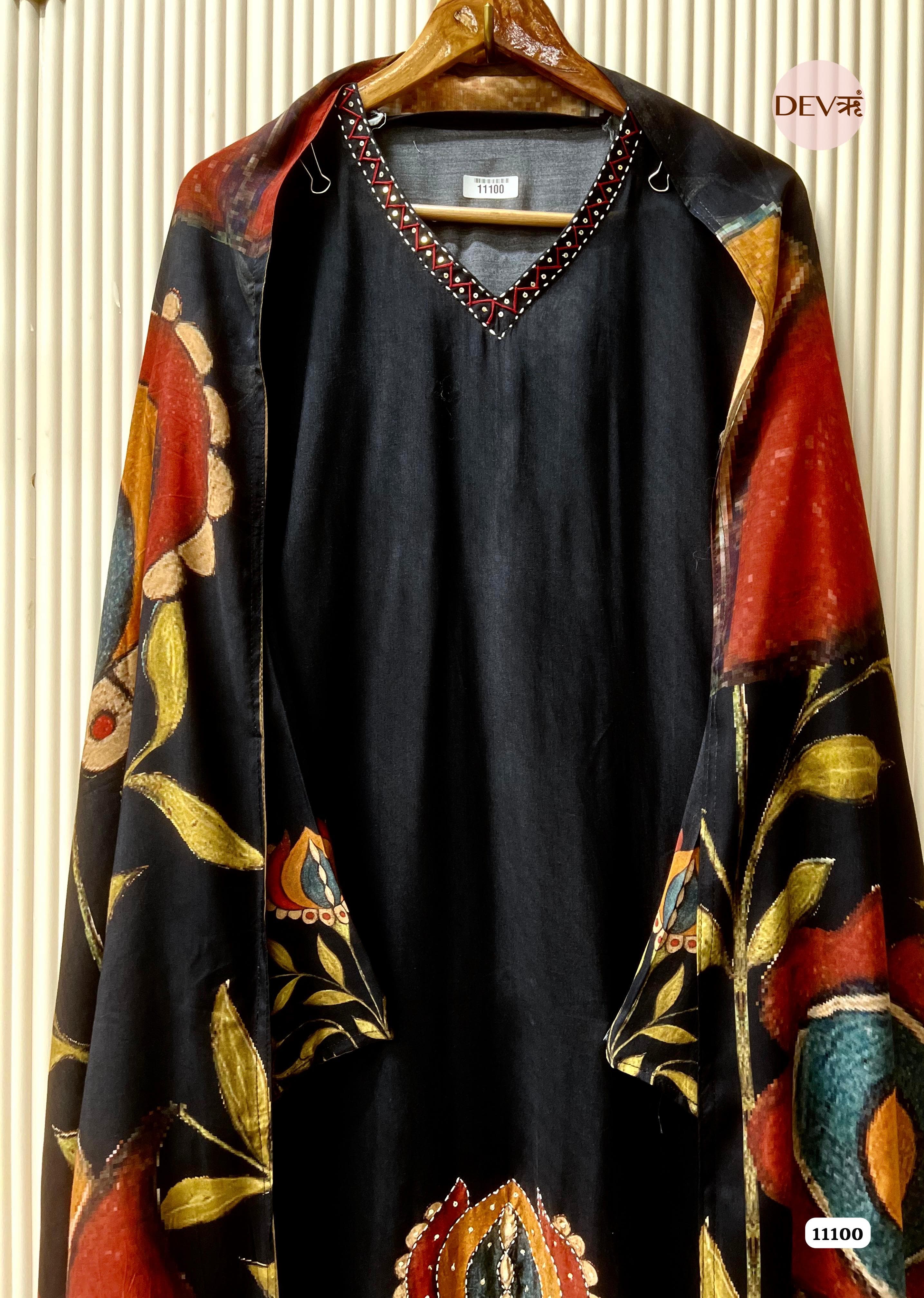 Black Muslin Printed Semi Stitched Hand Embroidered -Set Of 3