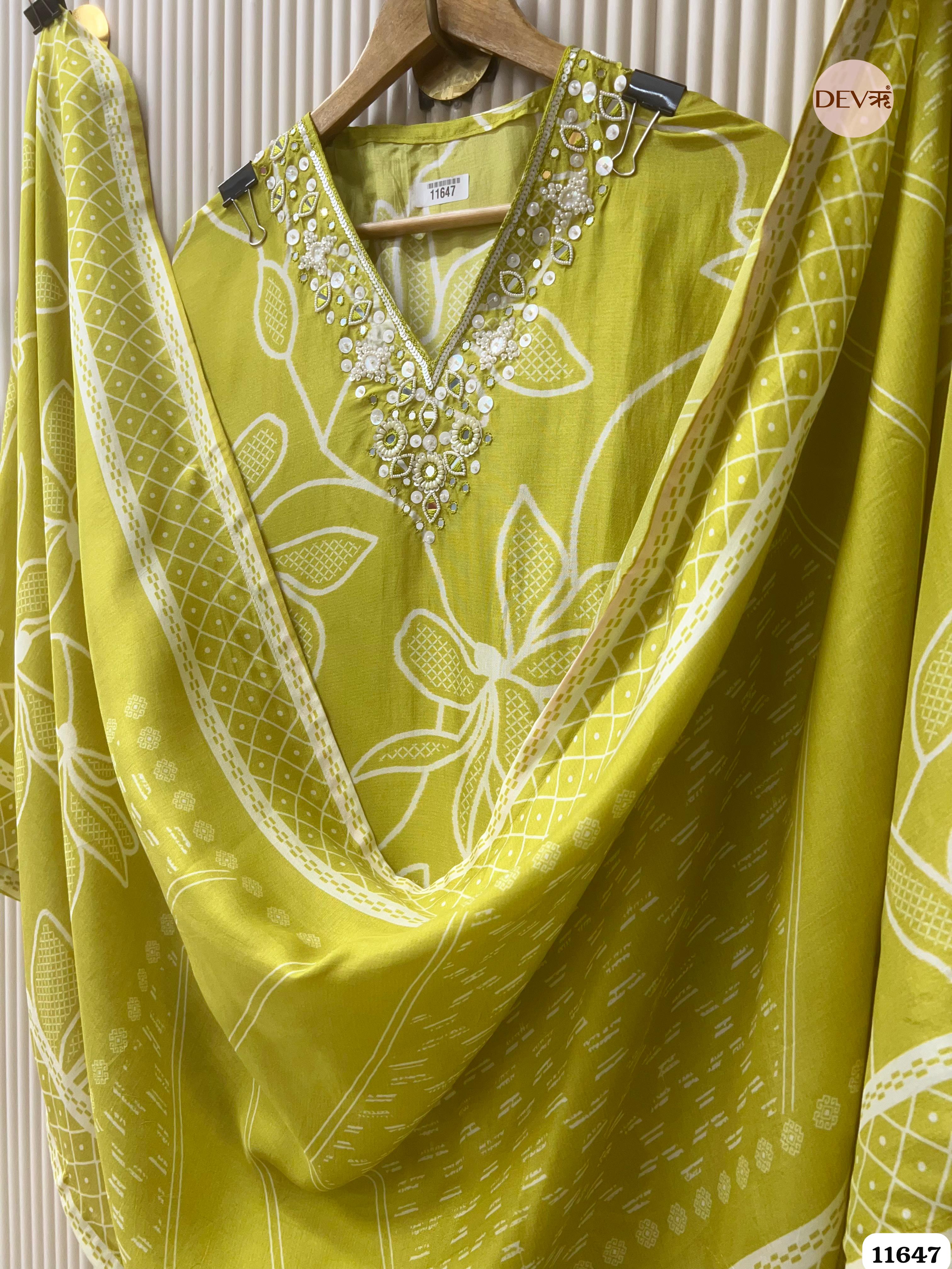 Green Russian Silk Printed Unstitched Hand Embroidered -Set Of 3 {11647}