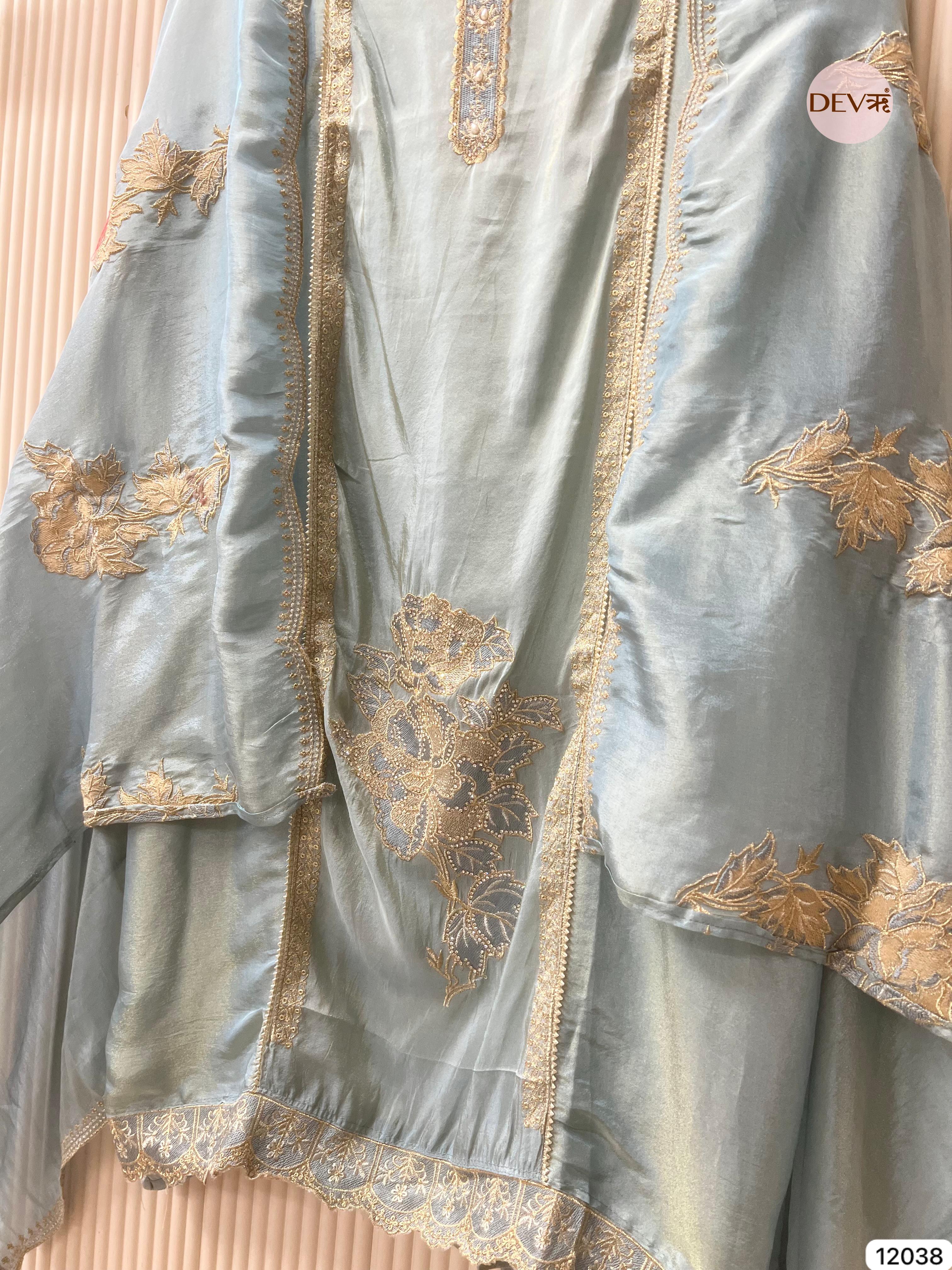 Blue Tissue Shimmer Silk Unstitched Hand Embroidered -Set Of 3 - {12038}