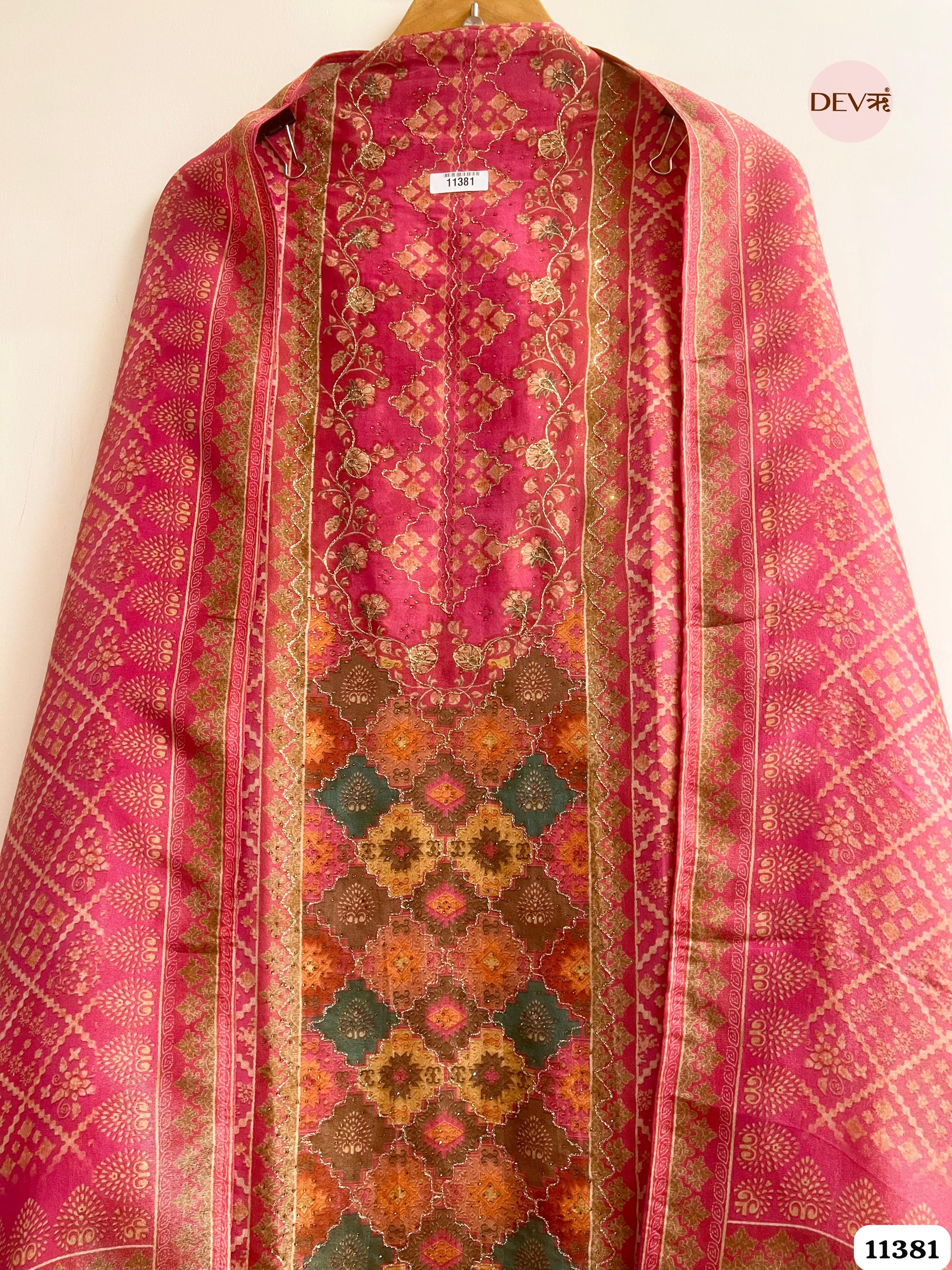 Pink Tissue Silk Printed Hand Embroidered -Set Of 3