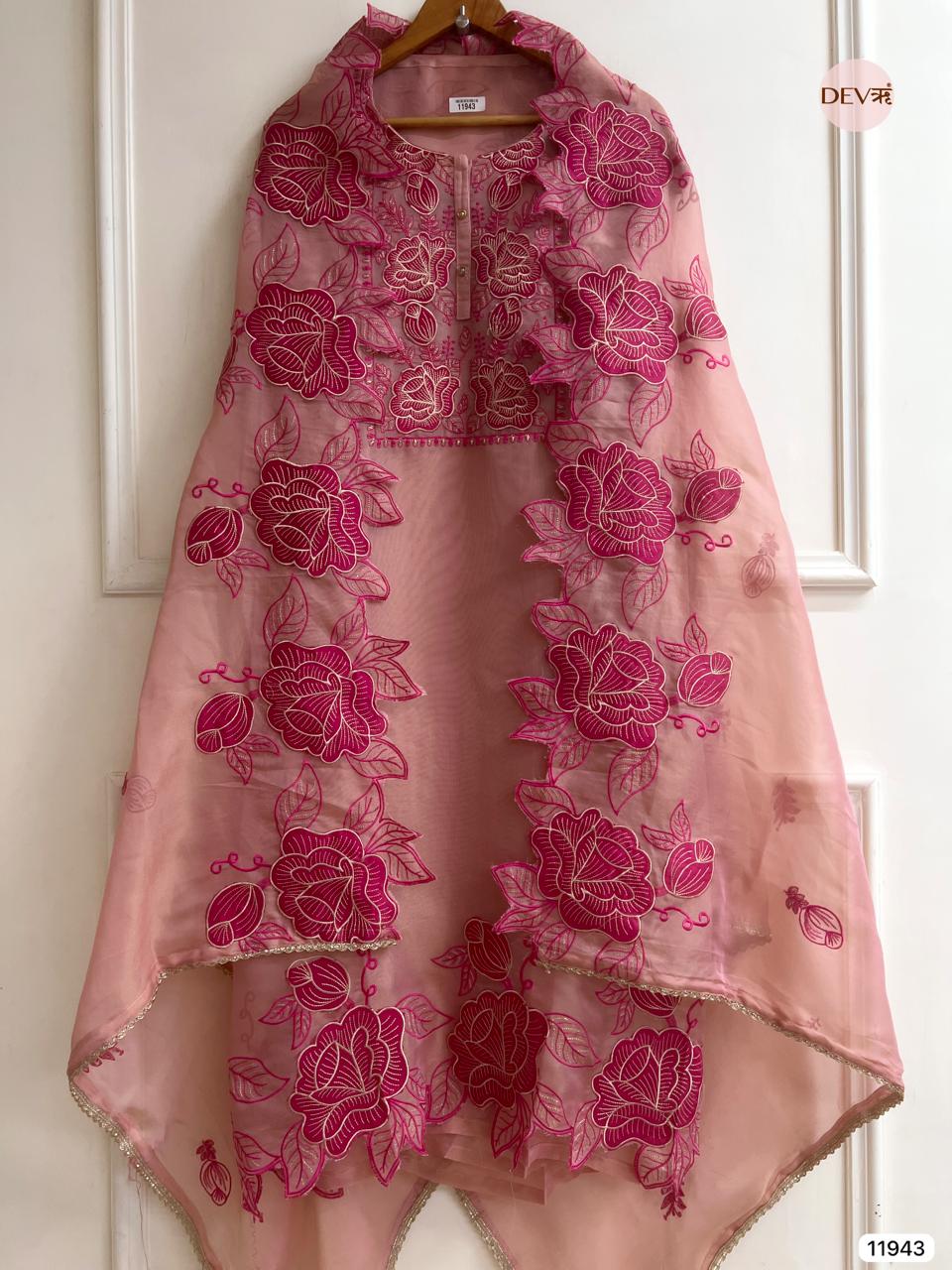 Pink Pure Tissue Shimmer Silk Unstitched Embroidered -Set Of 3 - {11943}