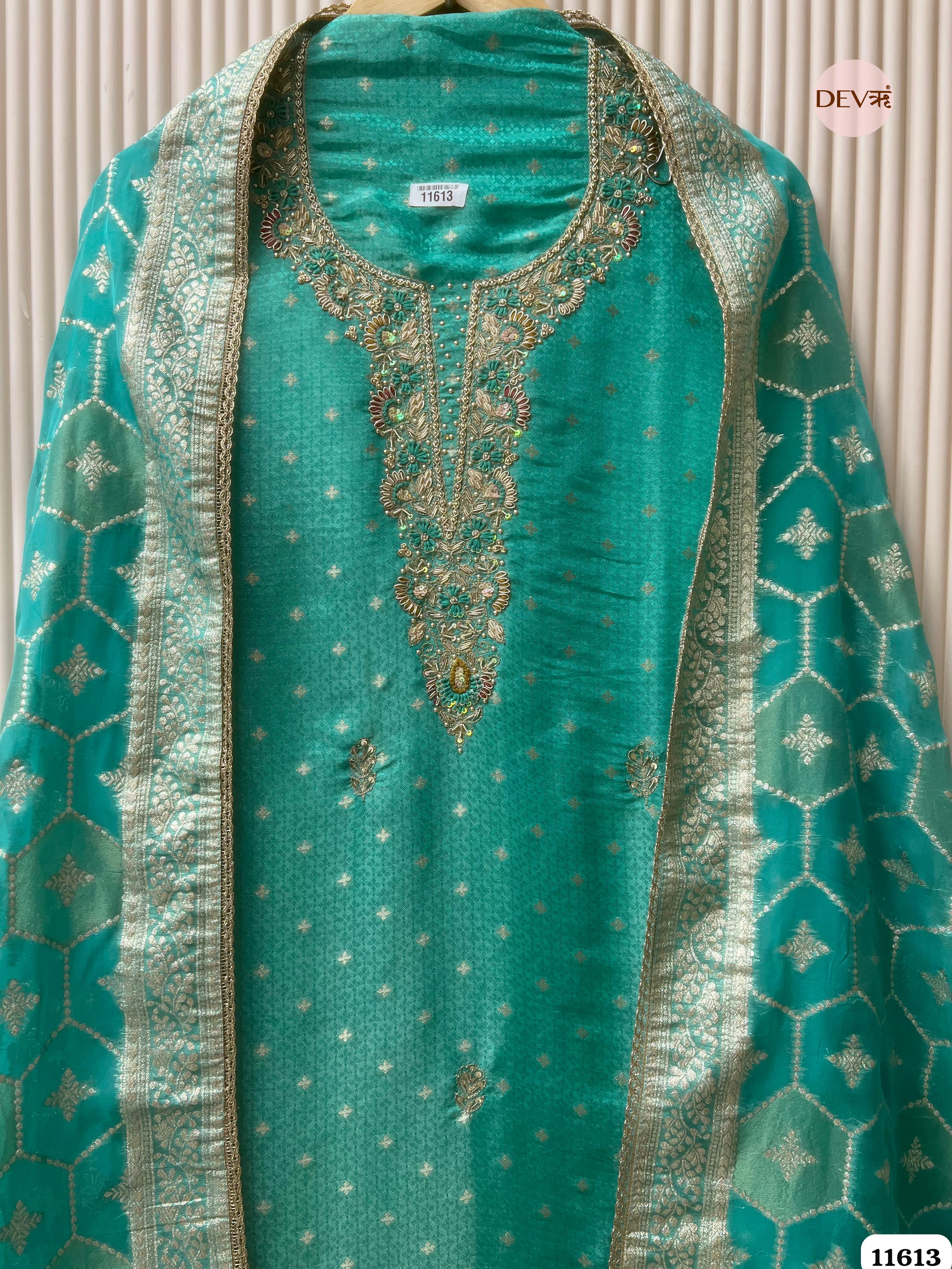 Green Pure Tissue Banarasi Silk Unstitched Hand Embroidered -Set Of 3 {11613}