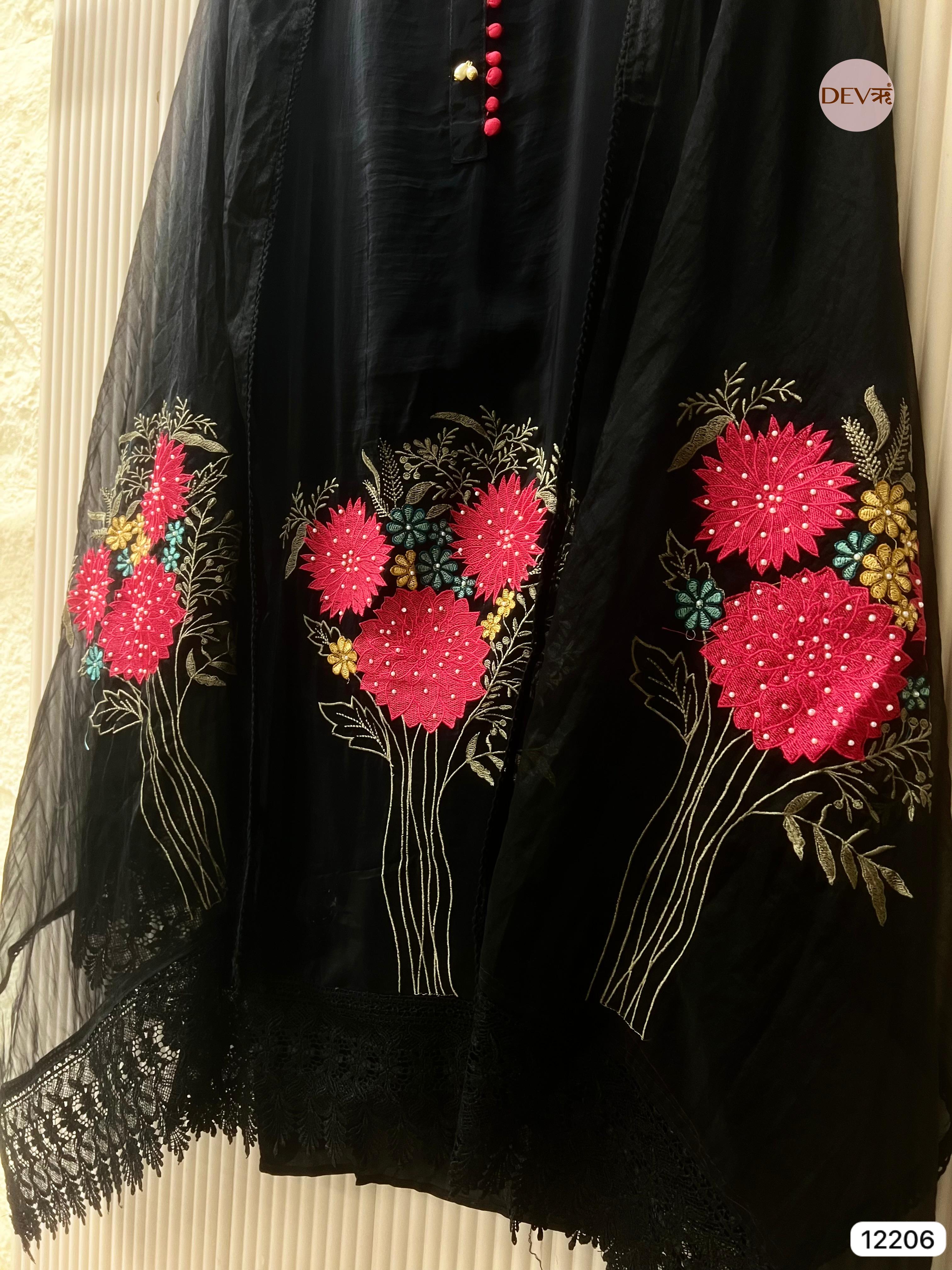 Black Glass Organza Embroidered Unstitched 3-Piece Suit (Devri – D.No 12206)