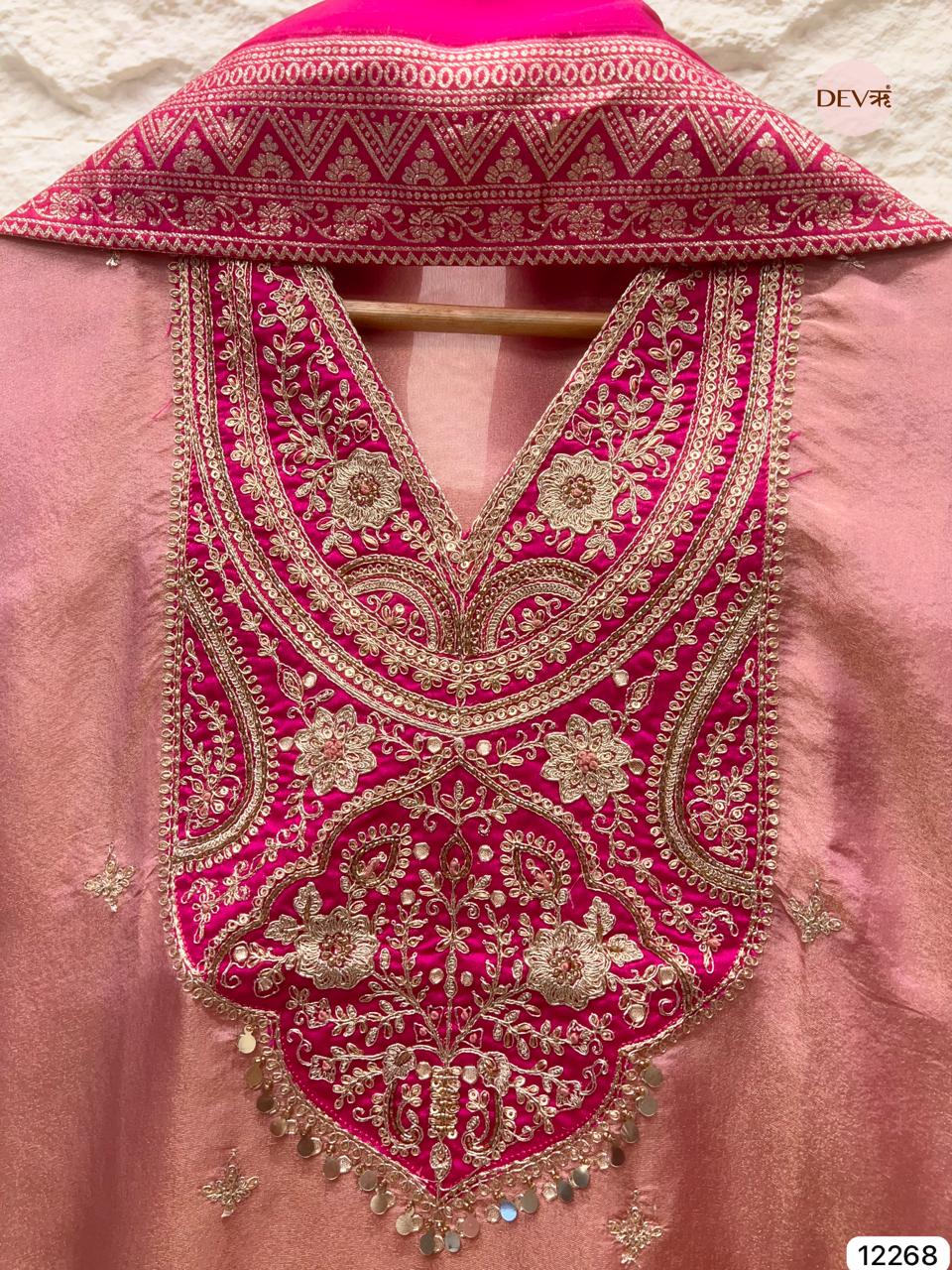 Rose–Rani Tissue Shimmer Silk Embroidered Unstitched 3-Piece Suit (Devri – D.No 12268)