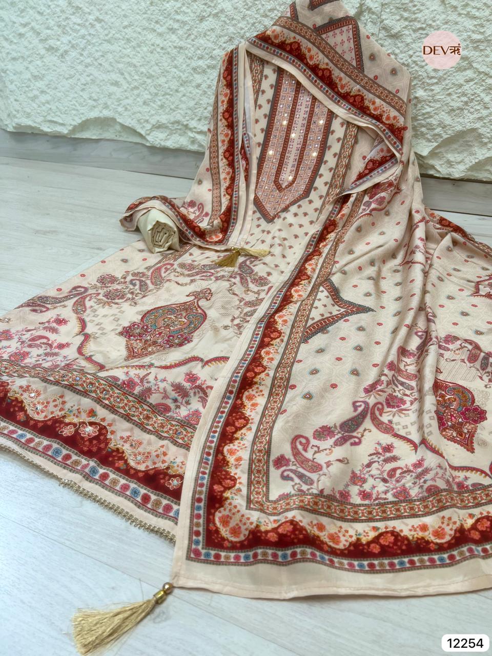 Beige Glass Organza Printed Unstitched 3-Piece Suit (Devri – D.No 12254)