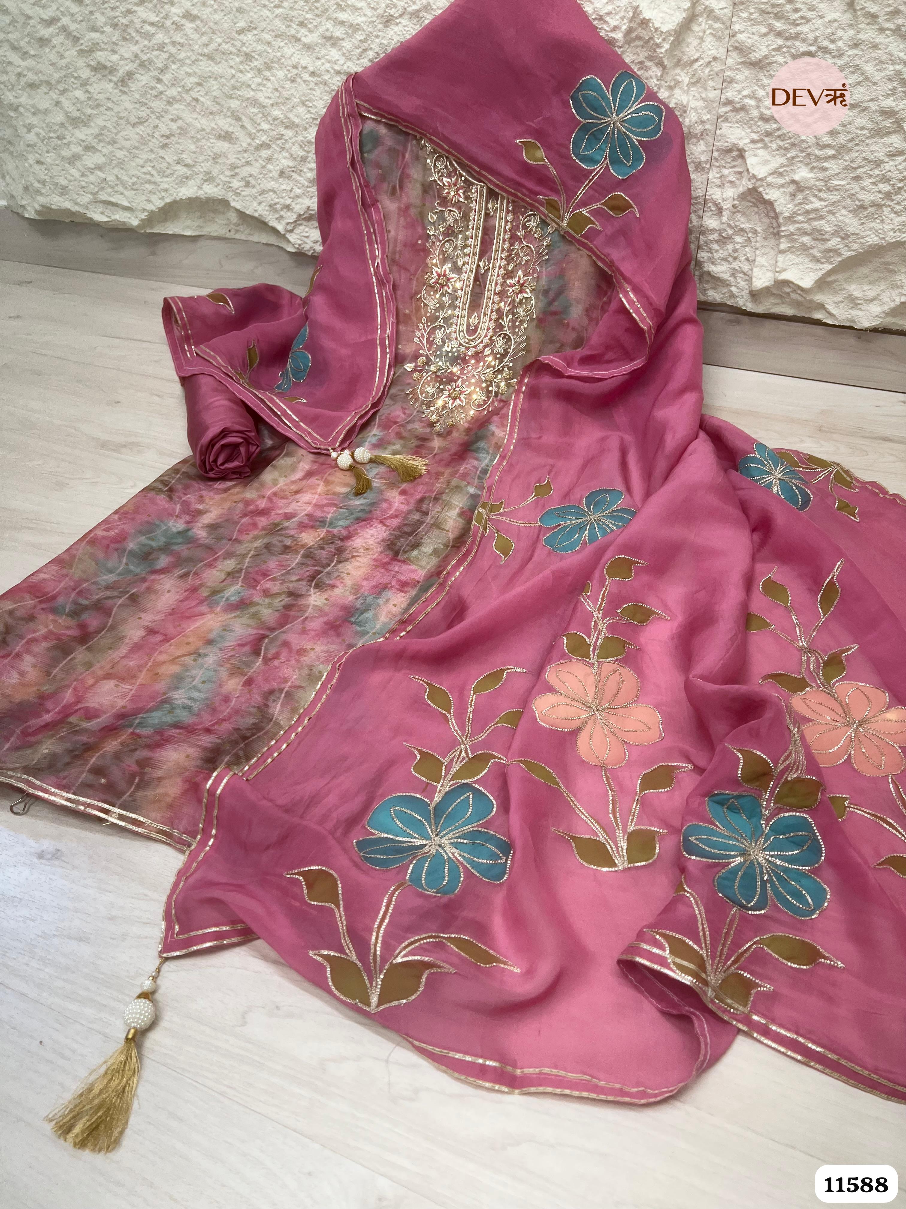 Pink Pure Organza Silk Printed Unstitched Hand Embroidered -Set Of 3 {11588}