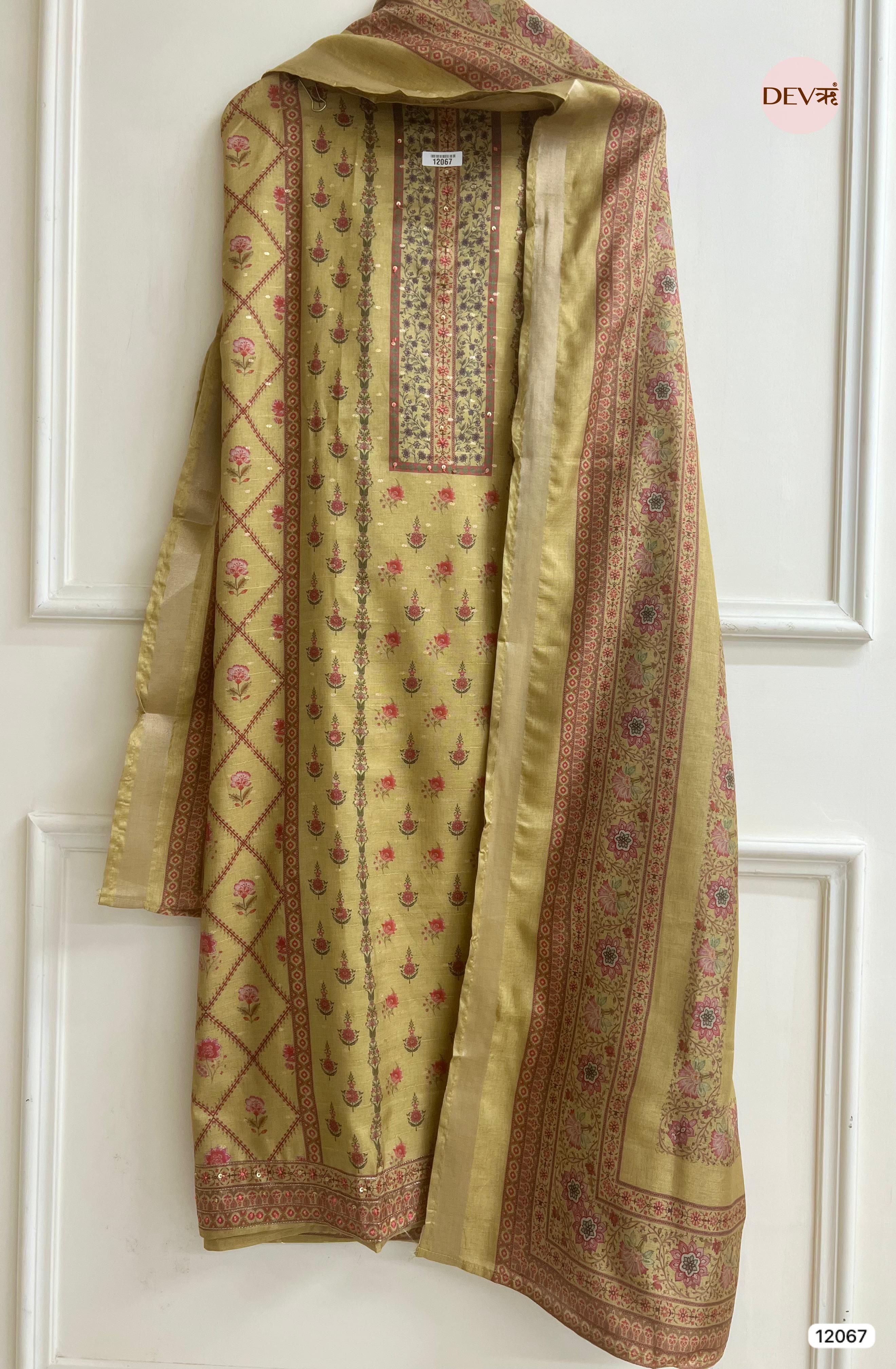 Yellow Raw Handloom Silk Unstitched Designer Printed With Hand Embroidery -Set Of 3 - {12067}