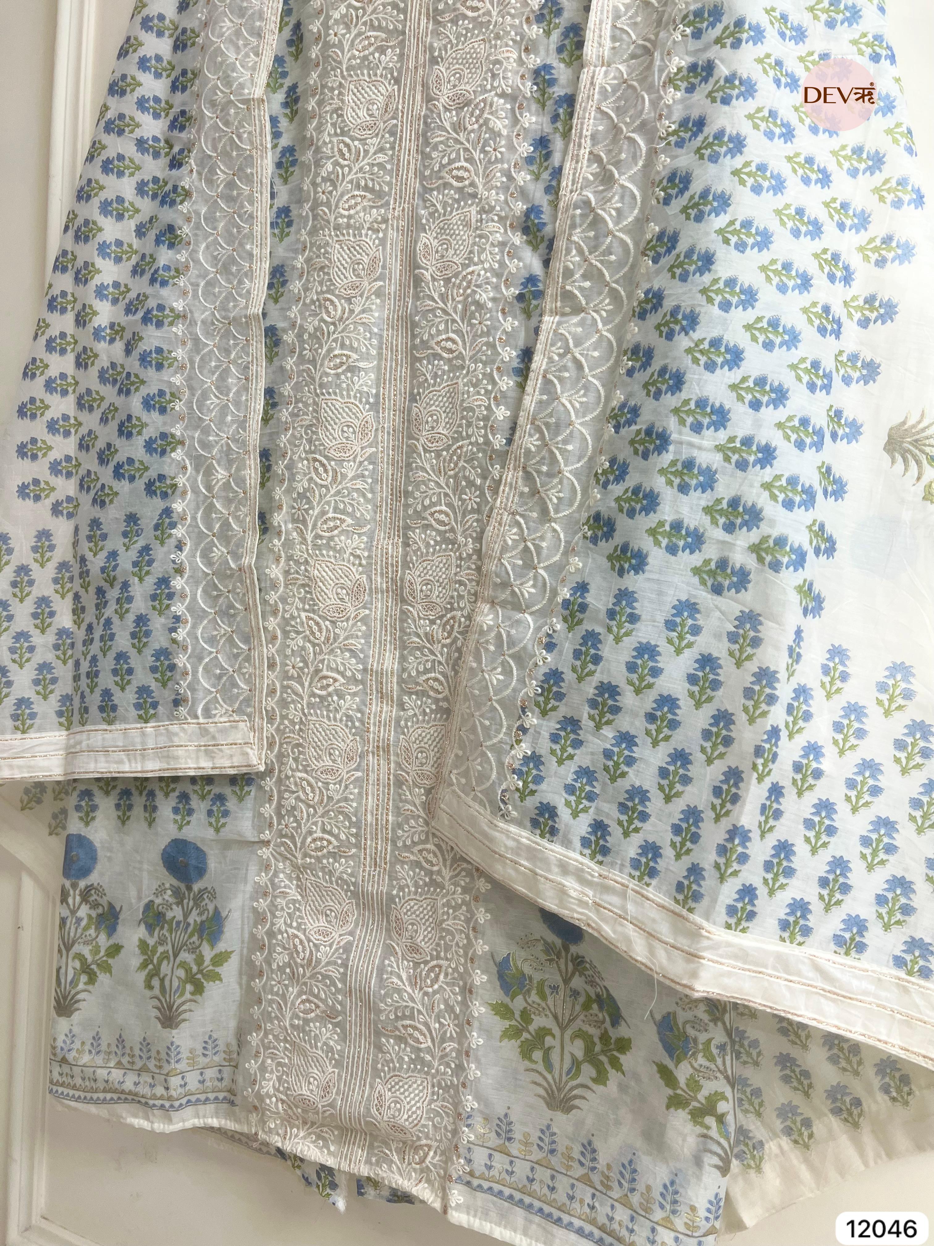 White & Blue Mul Chanderi Unstitched Block Printed Lucknawi Embroidered -Set Of 3 - {12046}