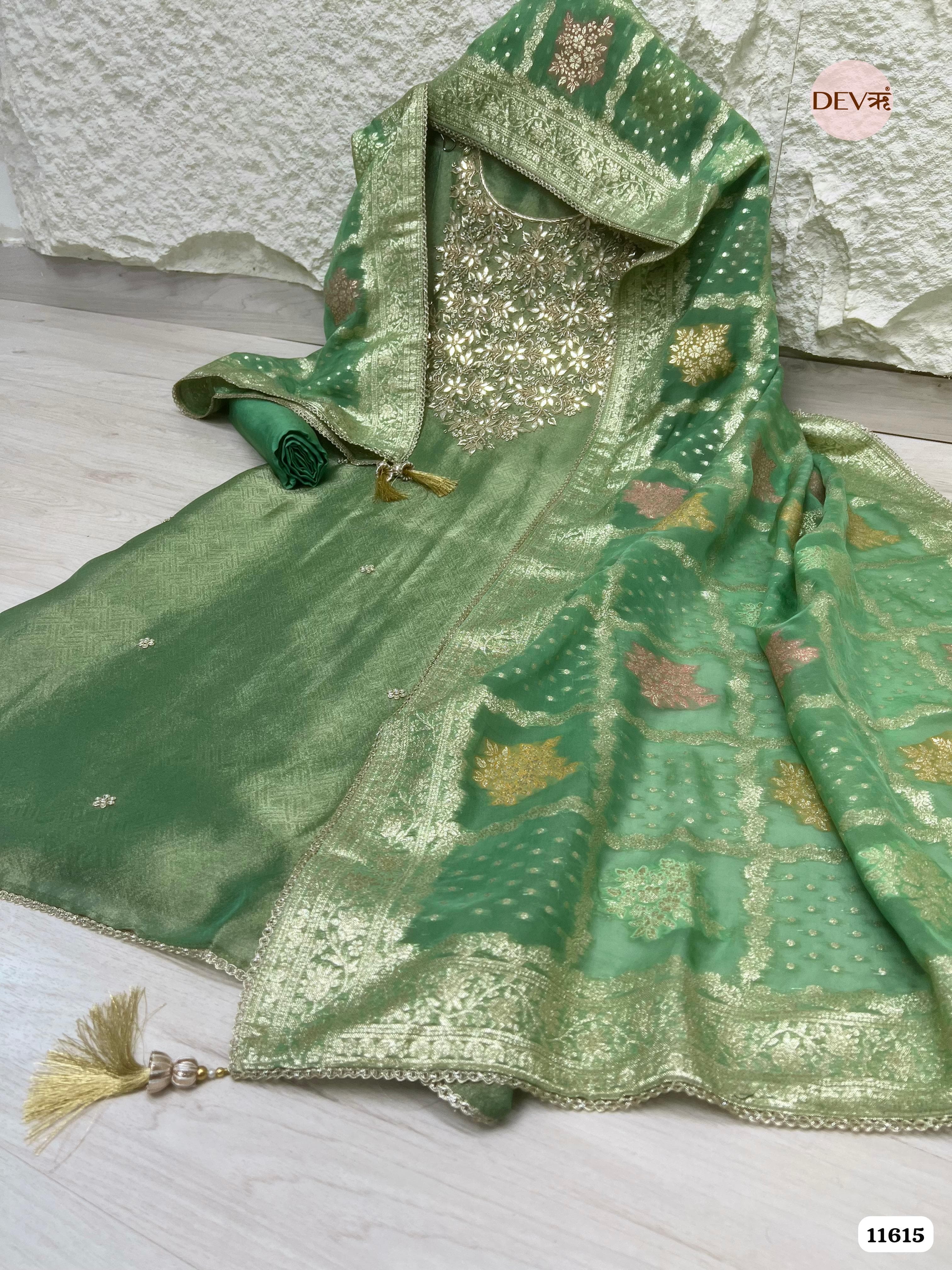 Green Pure Tissue Silk Unstitched Hand Embroidered -Set Of 3 {11615}