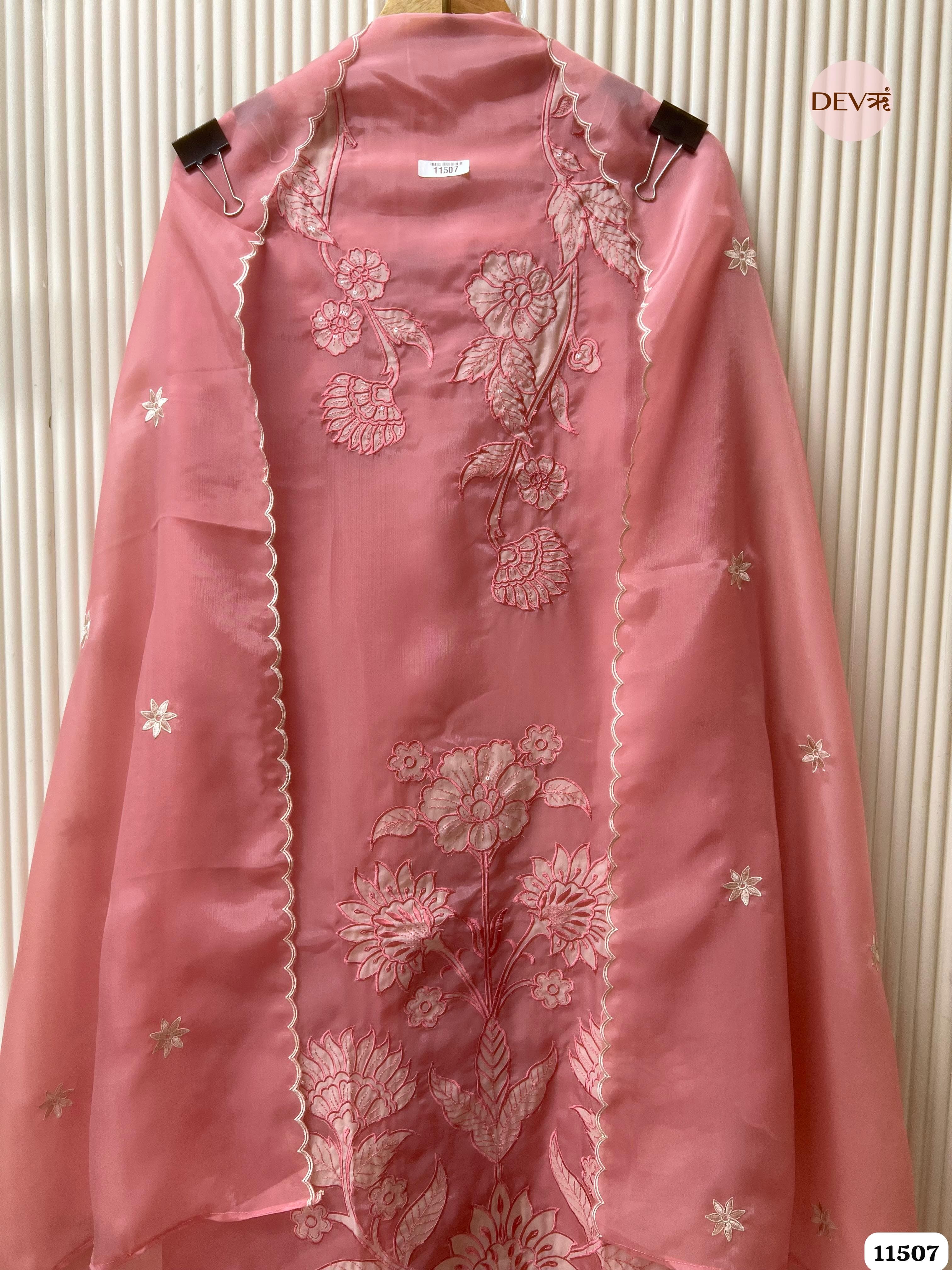 Pink organza Silk Unstitched Embroidered -Set Of 3 {11507}