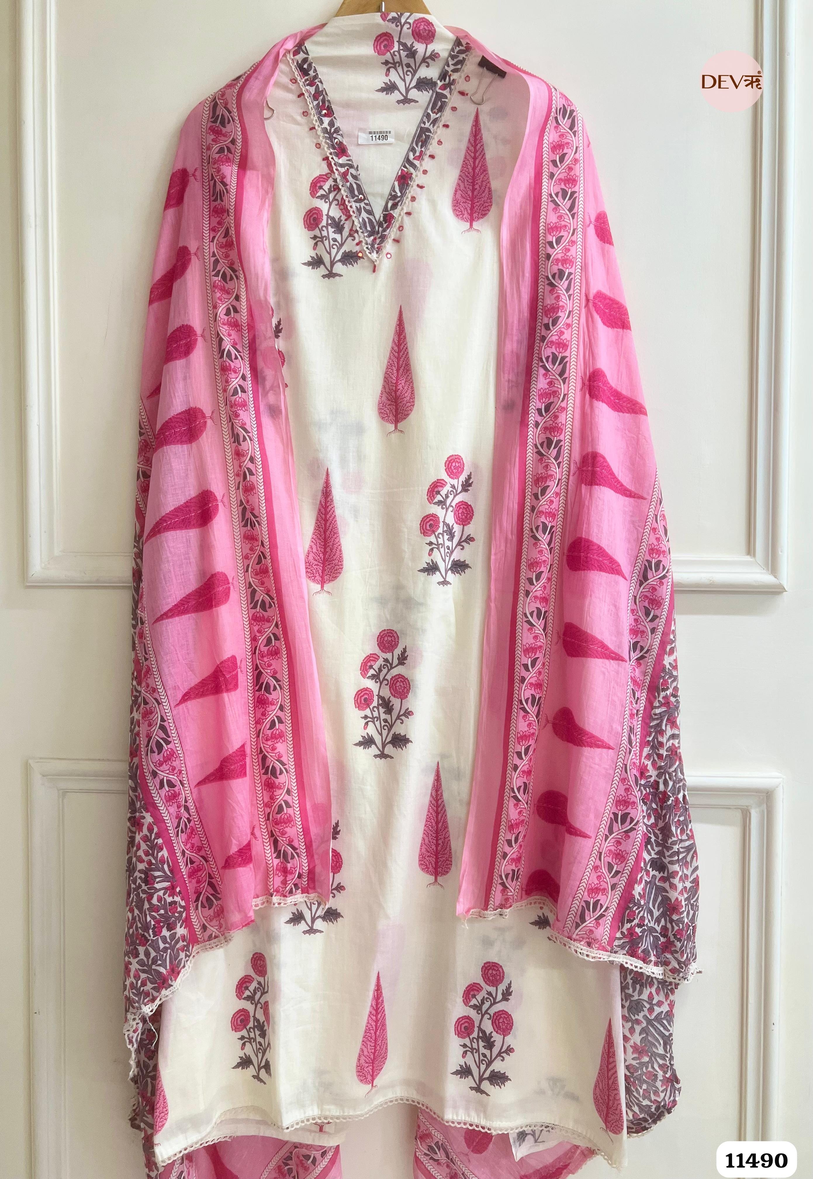 White and pink Pure Cotton Unstitched Printed Embroidered -Set Of 3 {11490}
