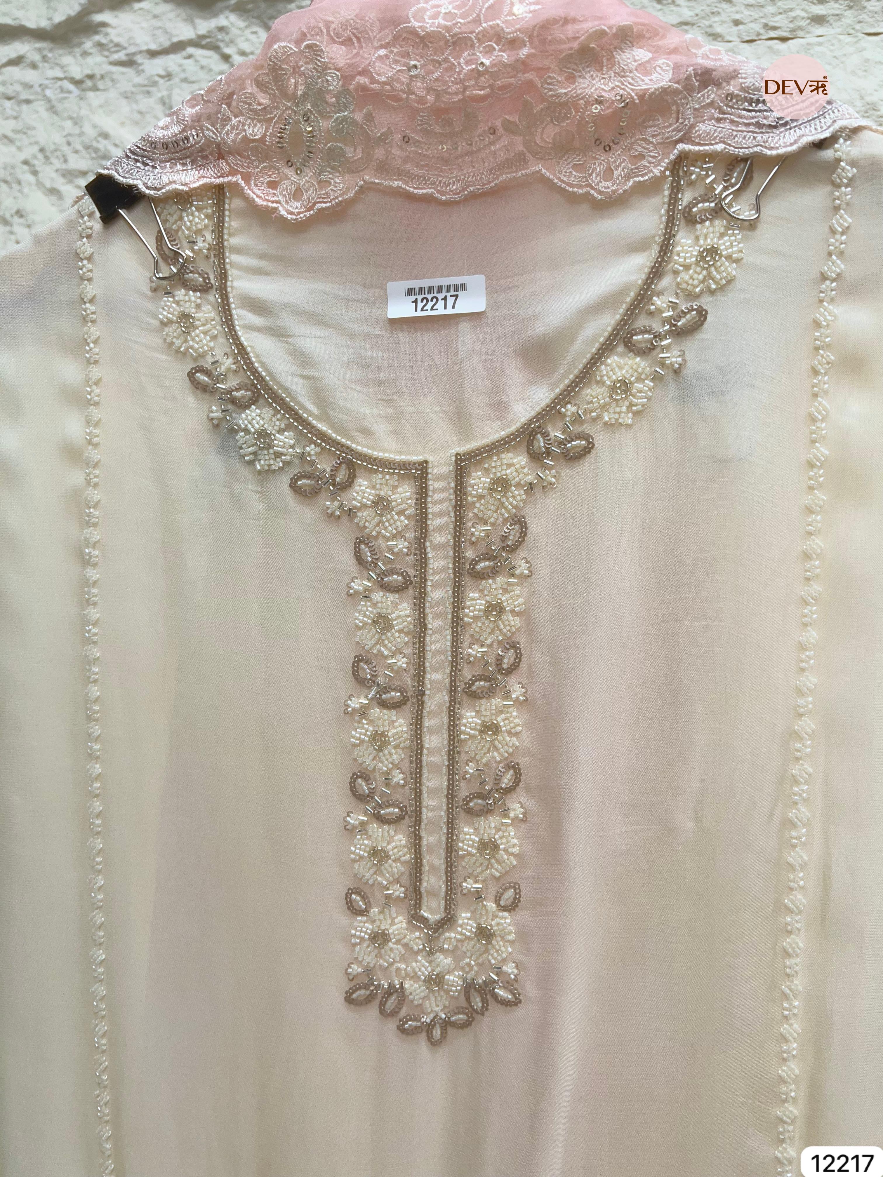Ivory Pure Organza Embroidered Unstitched 3-Piece Suit (Devri – D.No 12217)