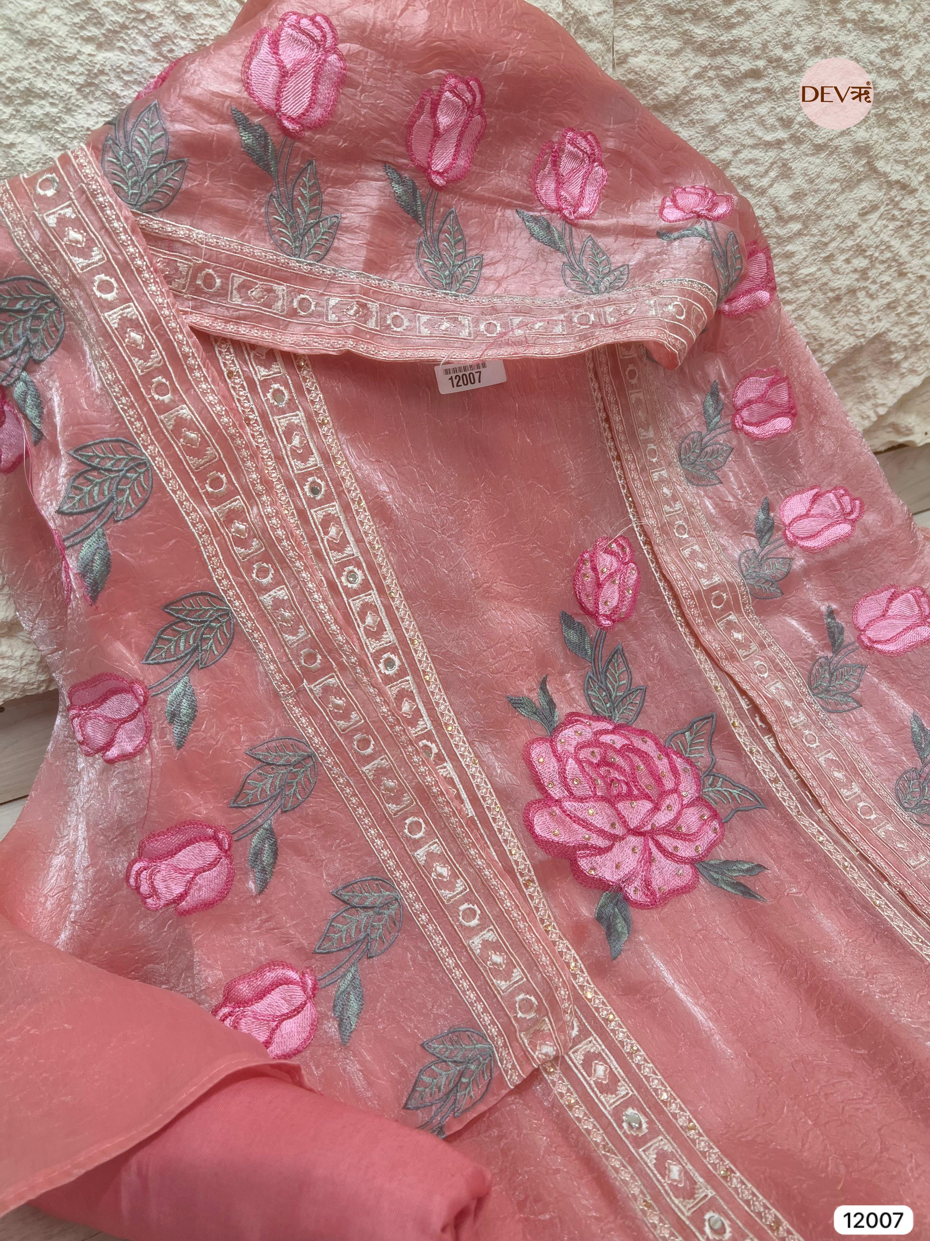 Pink Tissue Organza Silk Unstitched Embroidered -Set Of 3 - {12007}