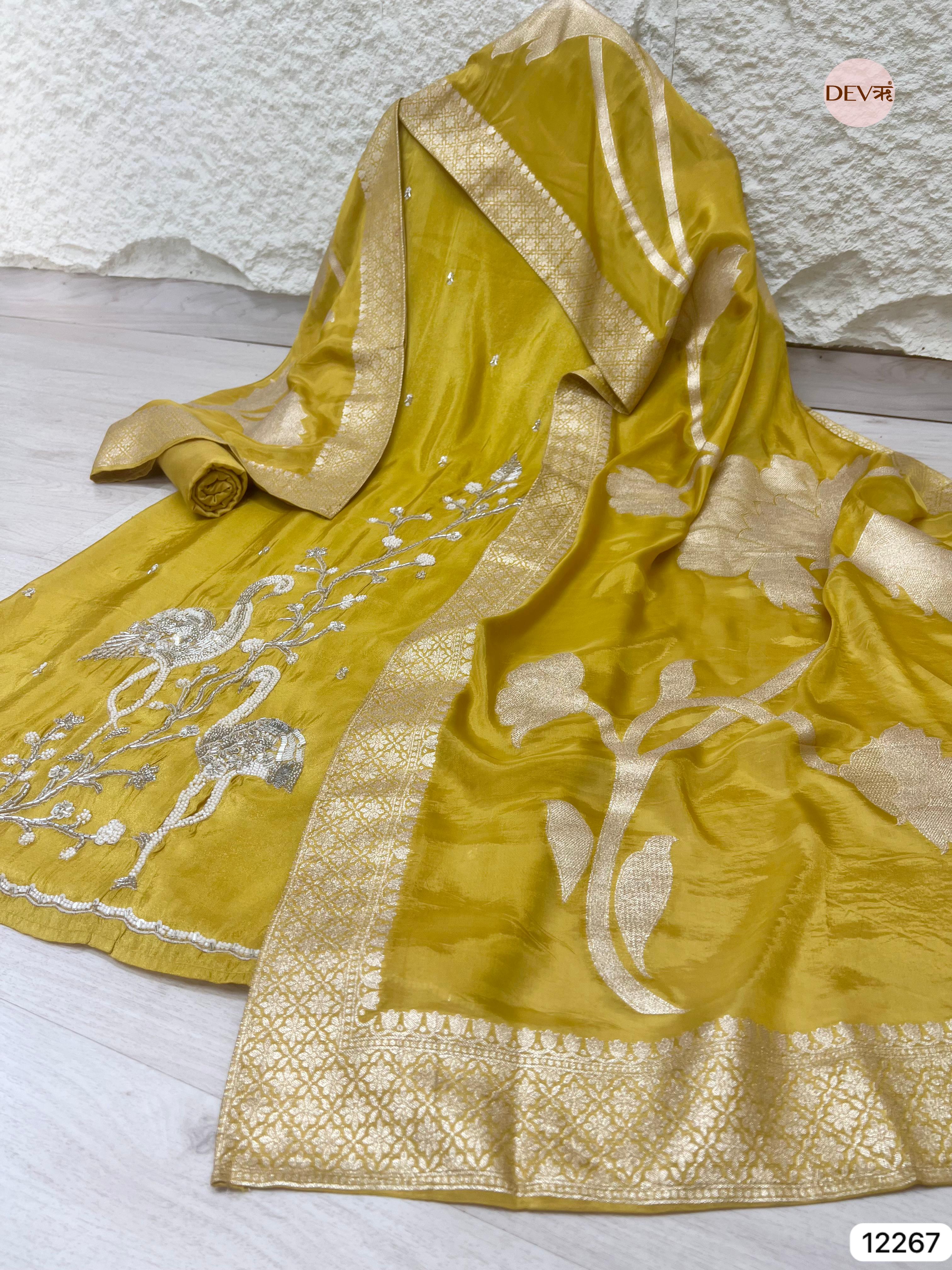 Mustard Shimmer Silk Embroidered Unstitched 3-Piece Suit (Devri – D.No 12267)