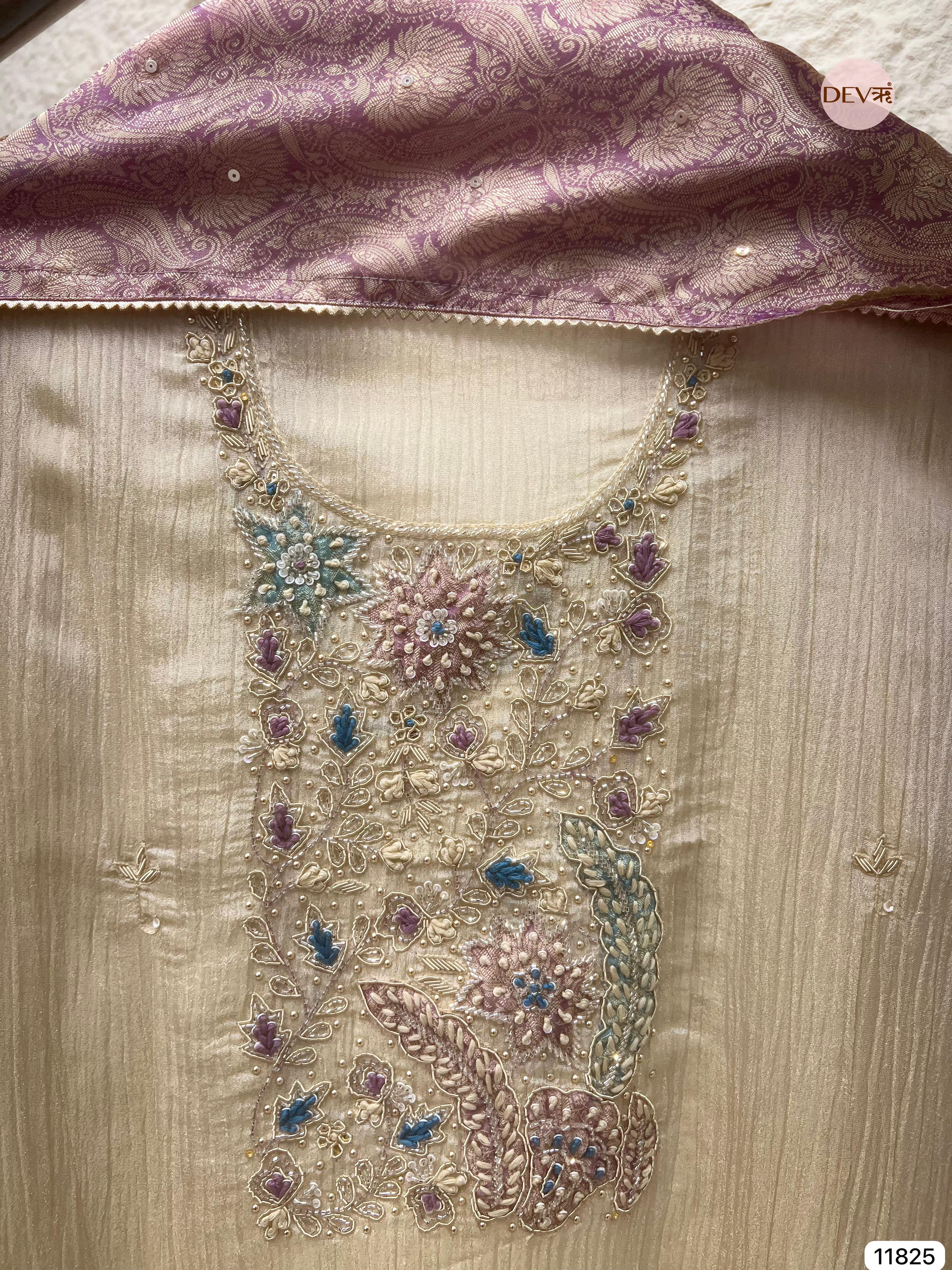 Cream Pure Tissue Crush Silk Unstitched Hand Embroidered -Set Of 3- {11825}