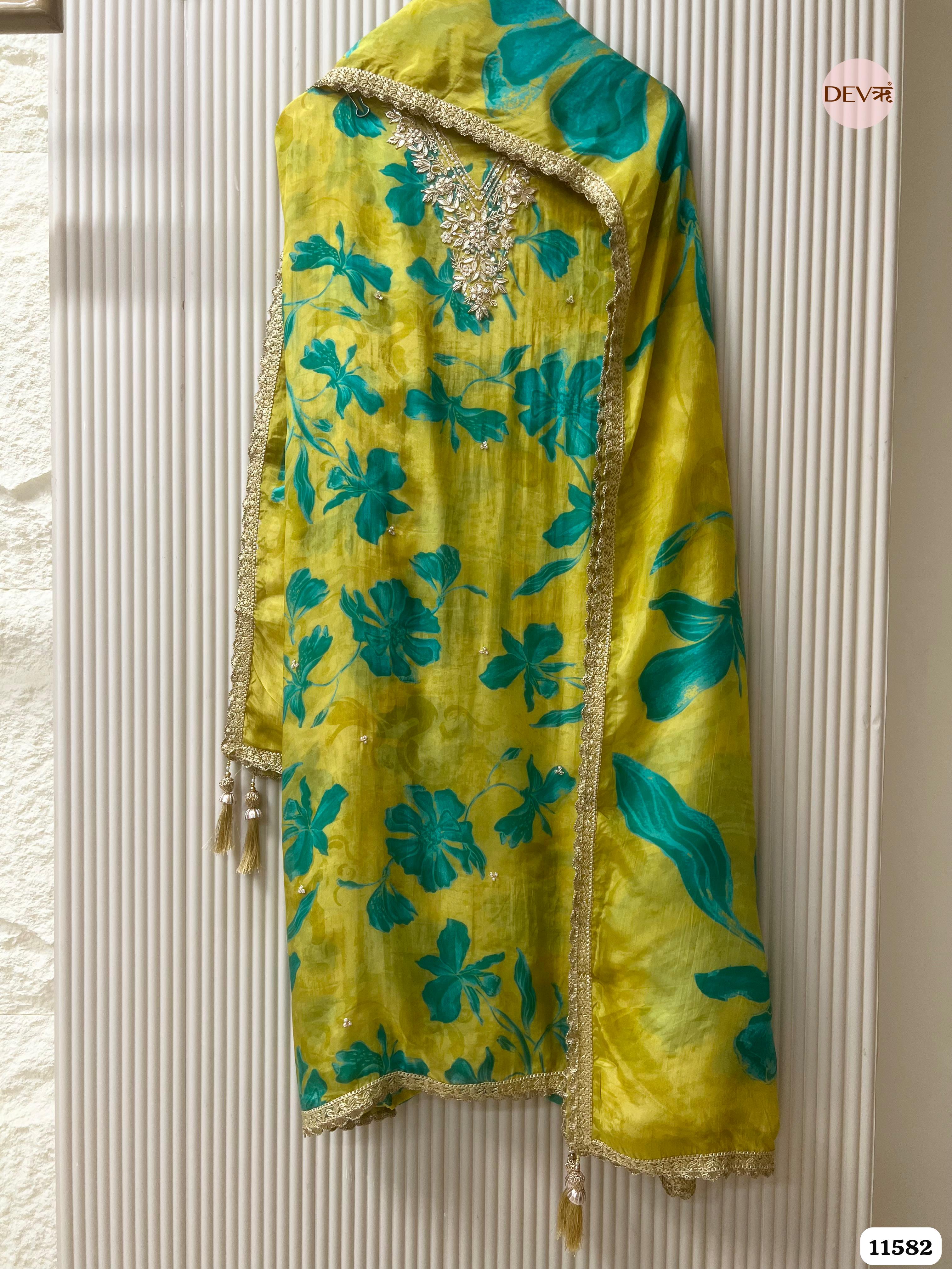 Yellow Pure Organza Silk Printed Unstitched Hand Embroidered -Set Of 3 {11582}
