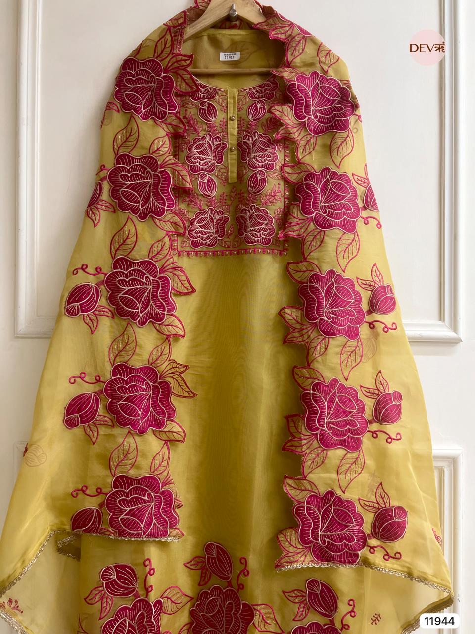 Yellow Pure Tissue Shimmer Unstitched Embroidered -Set Of 3 - {11944}