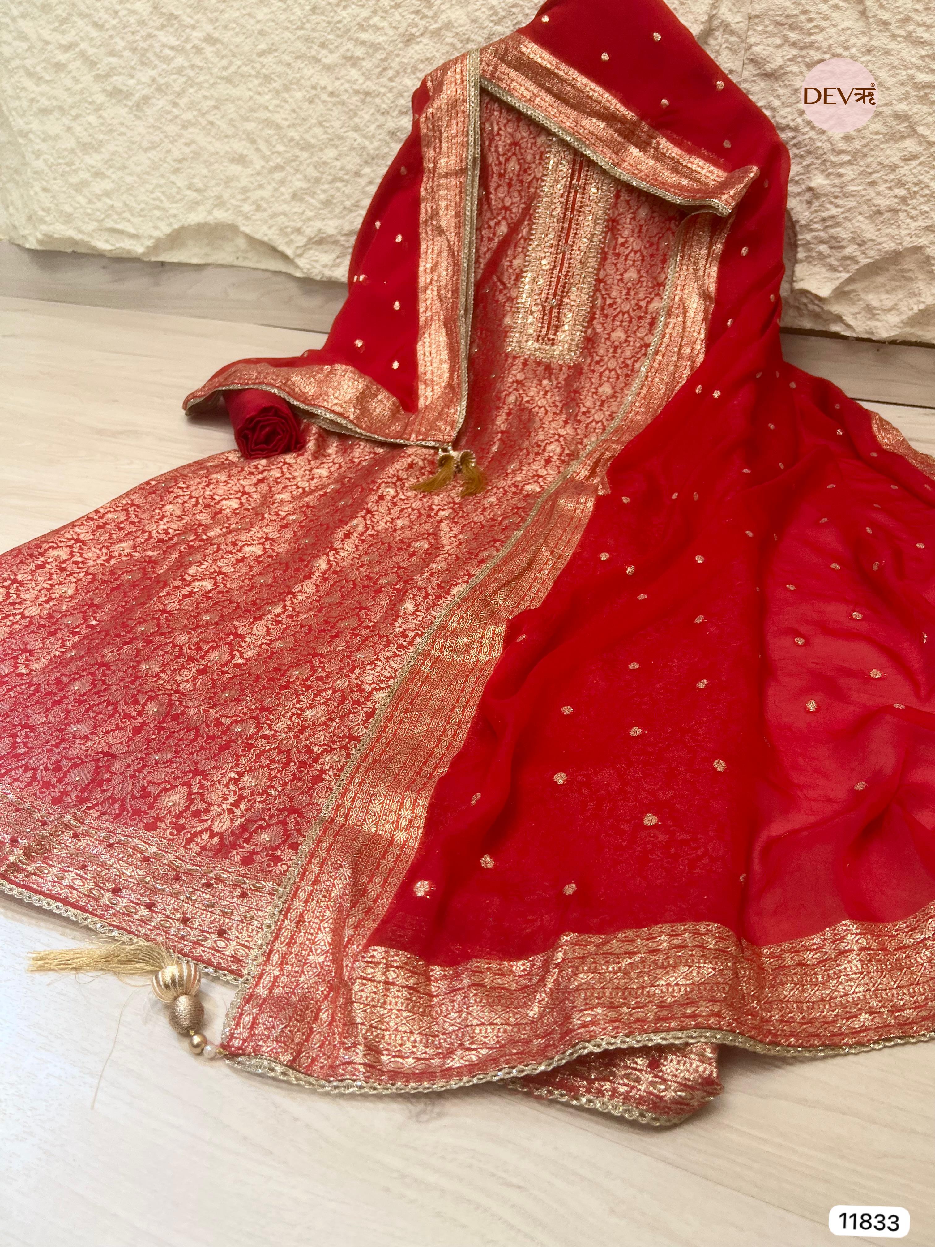 Red Pure Shimmer Tissue Banarasi Woven Silk Unstitched Hand Embroidered -Set Of 3- {11833}