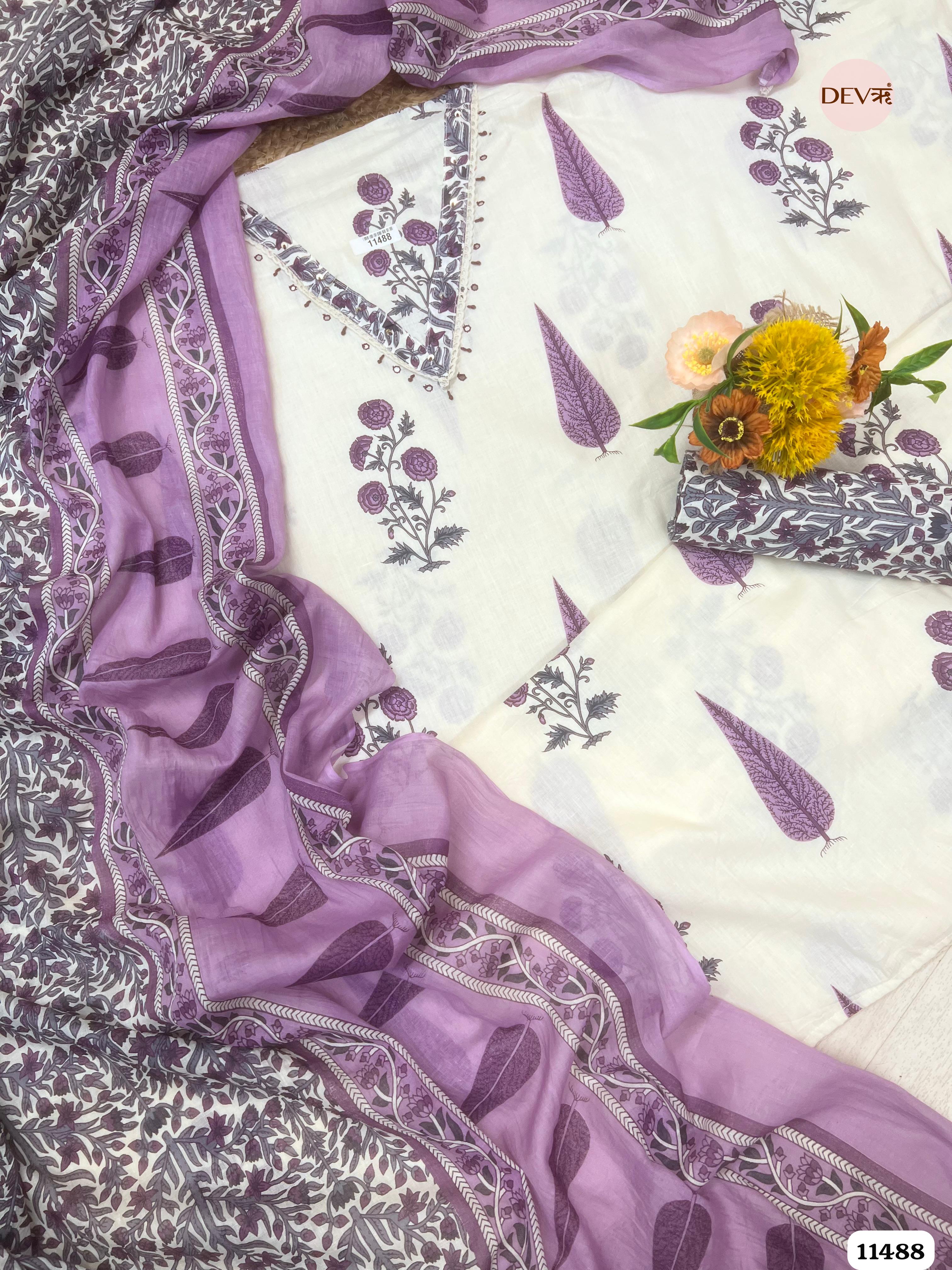 Purple Pure Cotton Unstitched Printed Embroidered -Set Of 3 {11488}
