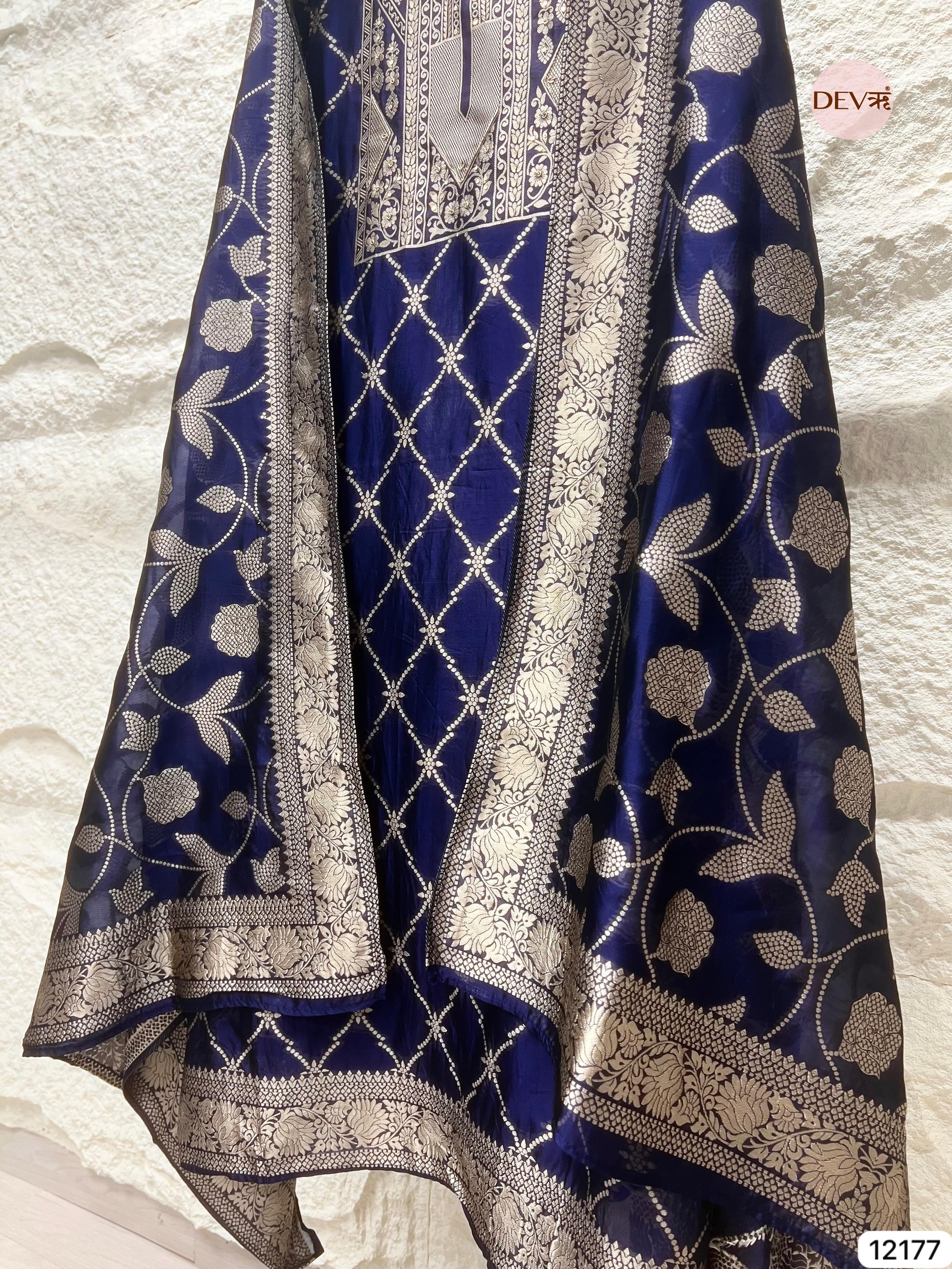Blue Pure Banarasi Silk Unstitched Hand embroidered- Set of 3 - {12177}