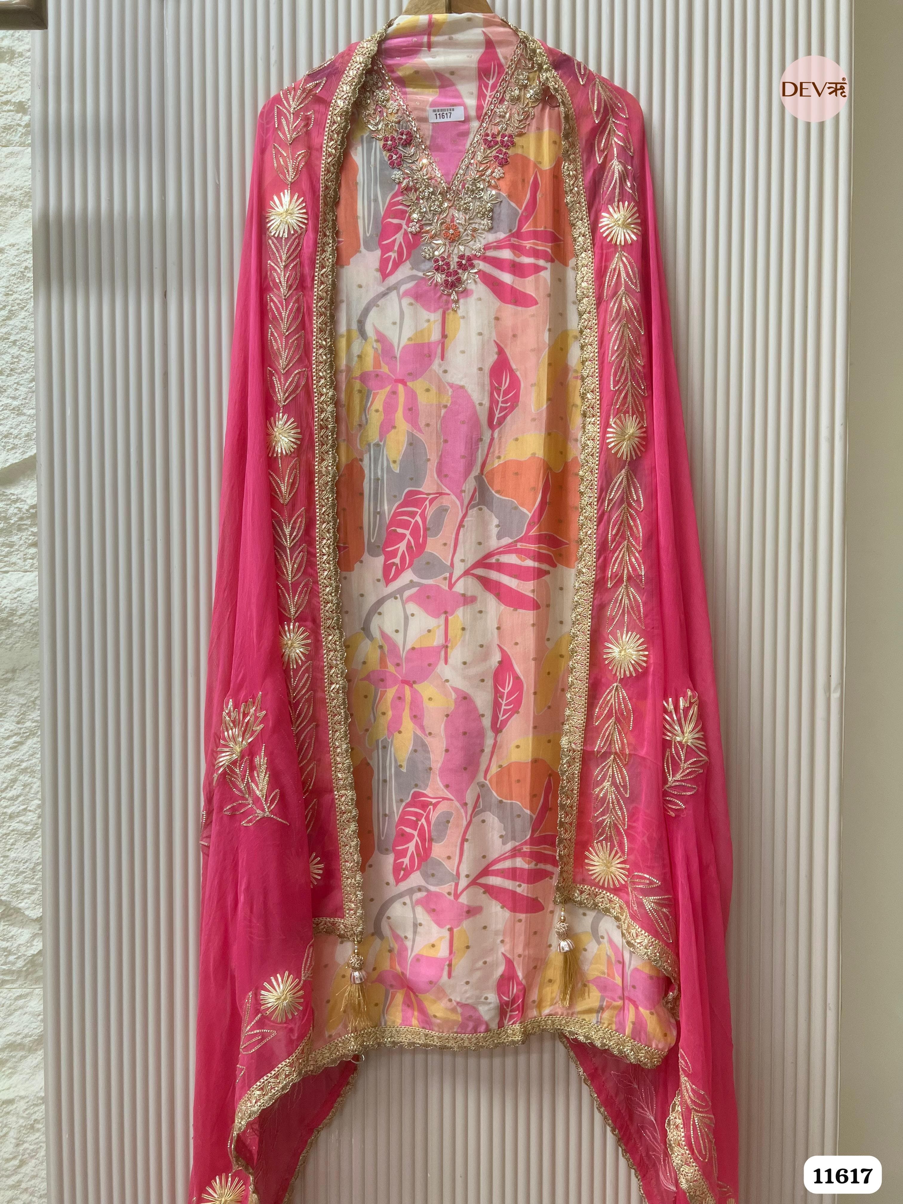 Pink Pure Silk Unstitched Printed Hand Embroidered -Set Of 3 {11617}