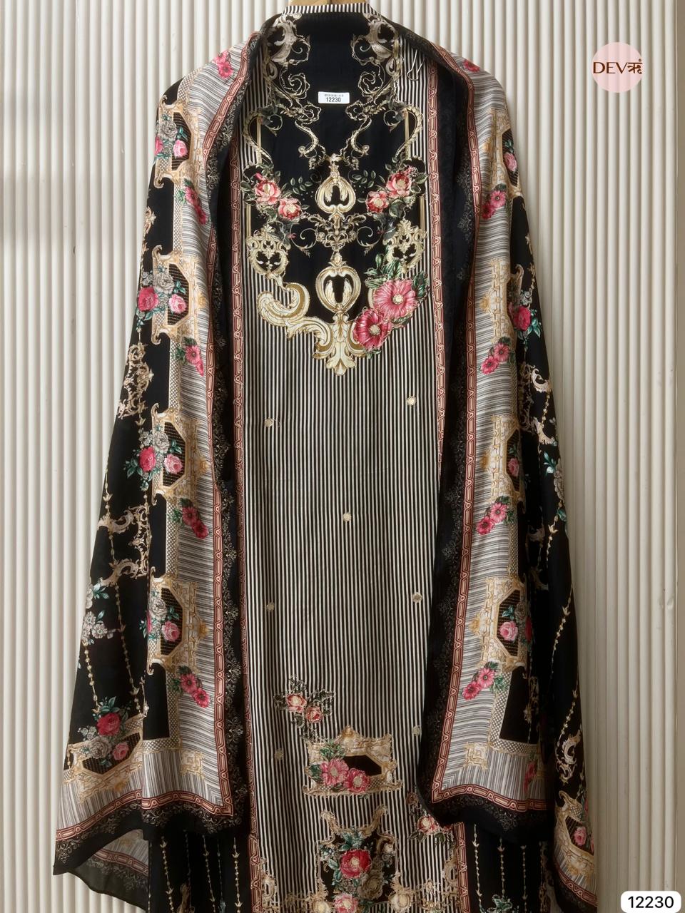 Black Pure Muslin Printed Unstitched 3-Piece Suit (Devri – D.No 12230)