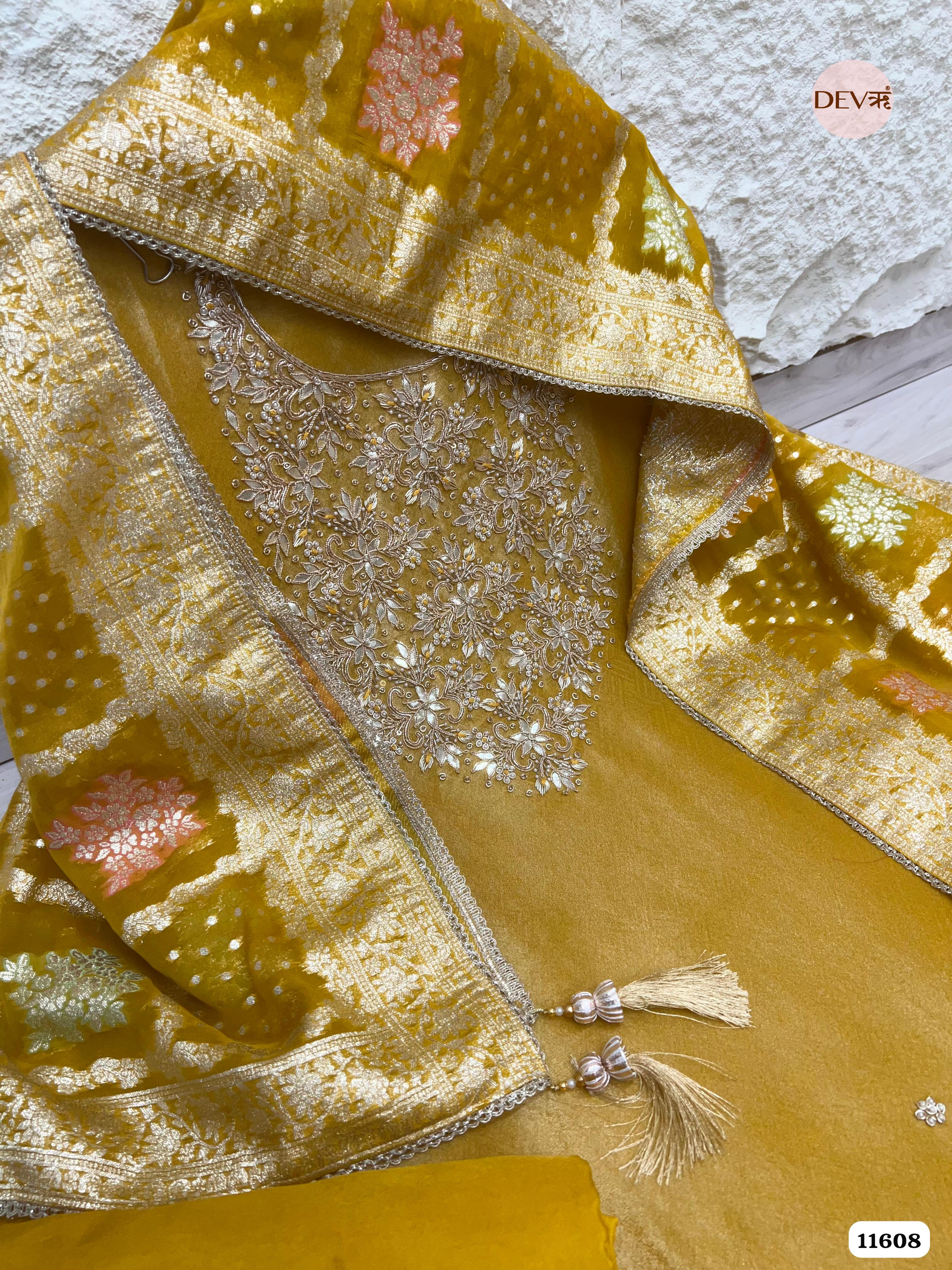 Yellow Pure Tissue Banarasi Silk Unstitched Hand Embroidered -Set Of 3 {11608}