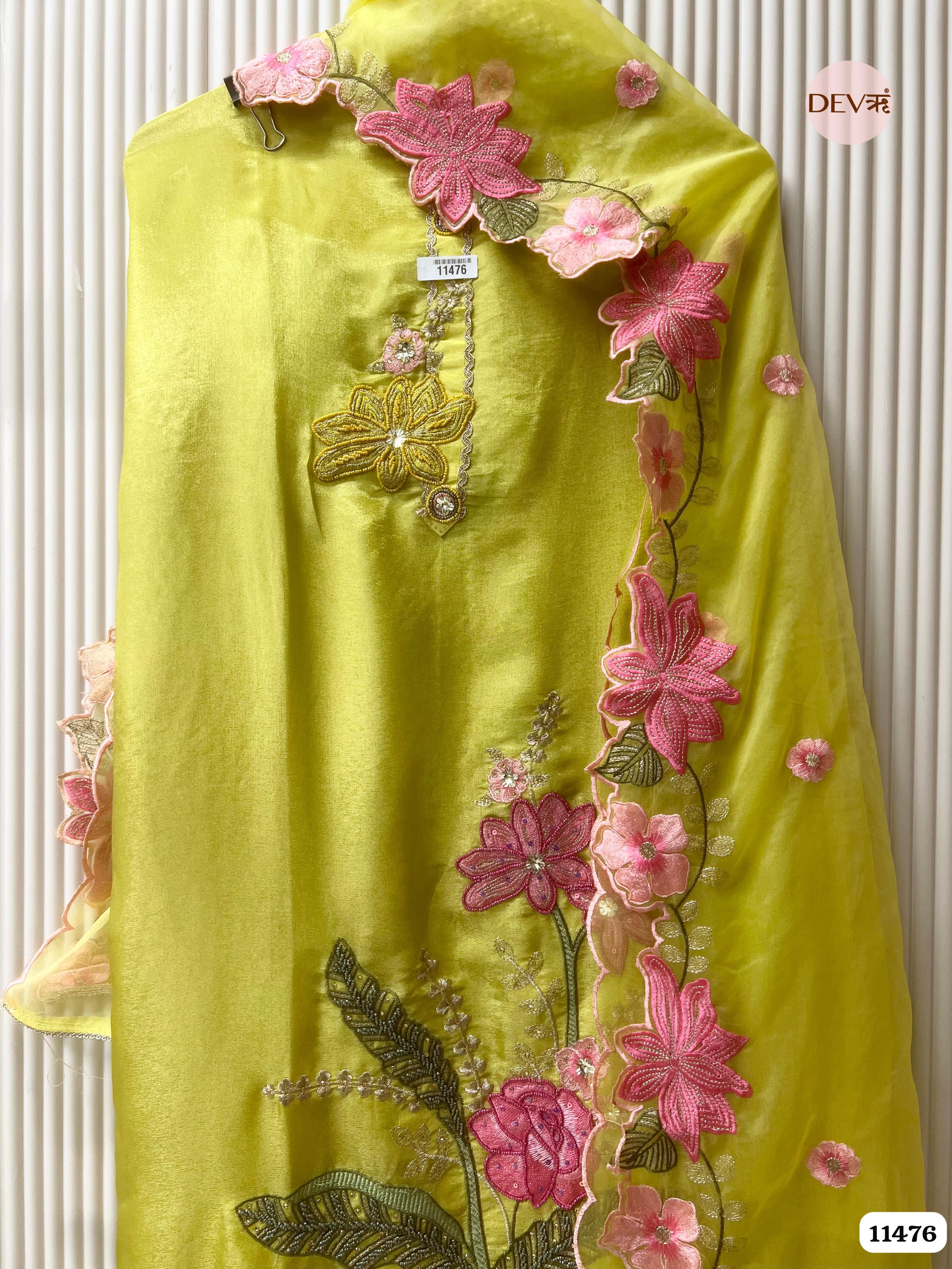 Lime Green Tissue Silk Unstitched Hand Embroidered -Set Of 3 {11476}