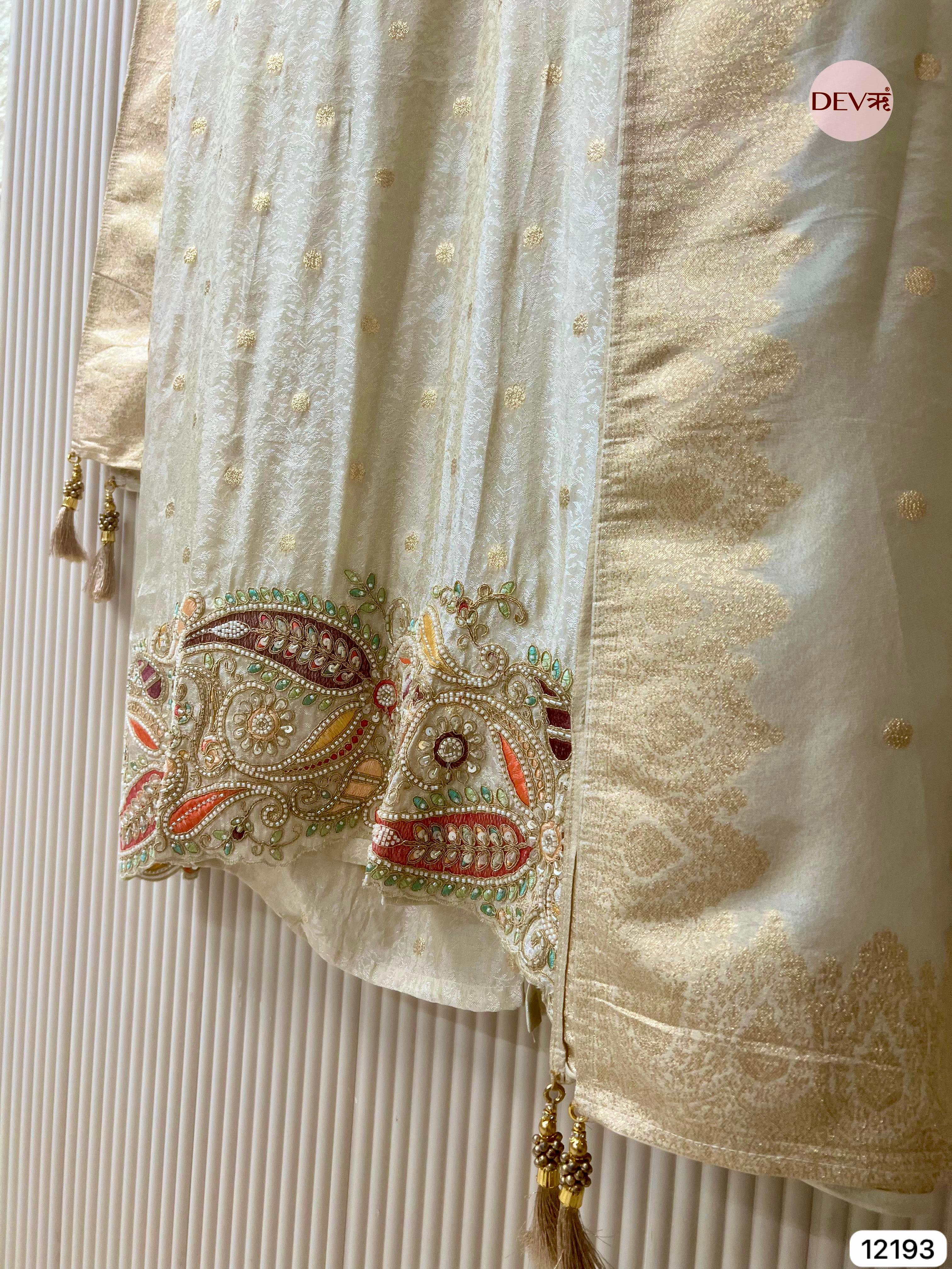 Beige creame Pure Shimmer Silk Banarasi Woven -Set Of 3 - {12193}