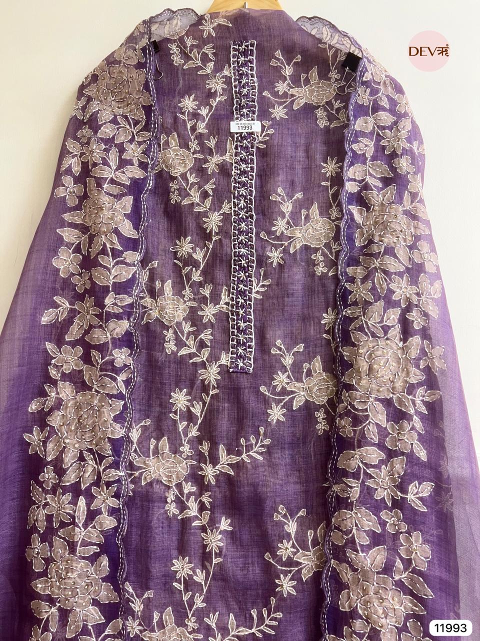 Purple  Pure Mul Linen Unstitched Embroidered -Set Of 3 - {11993}